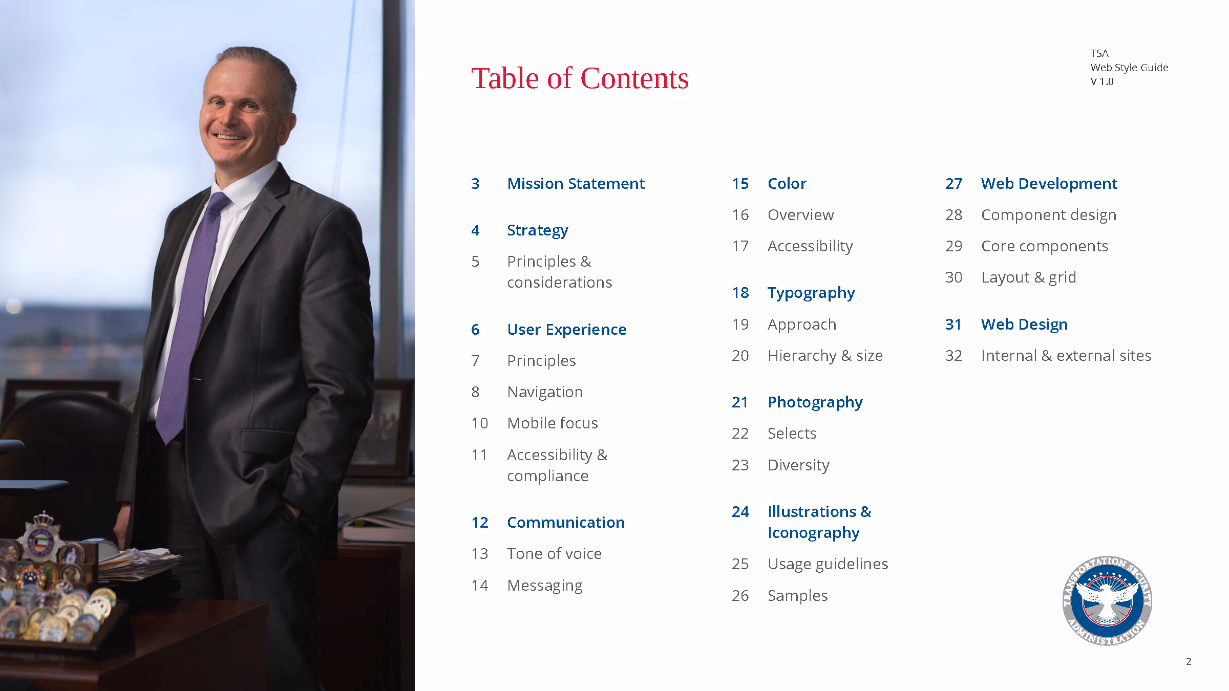 Table of Contents listing topics like Mission, Strategy, User Experience, Color, Typography, Photography, Web development.