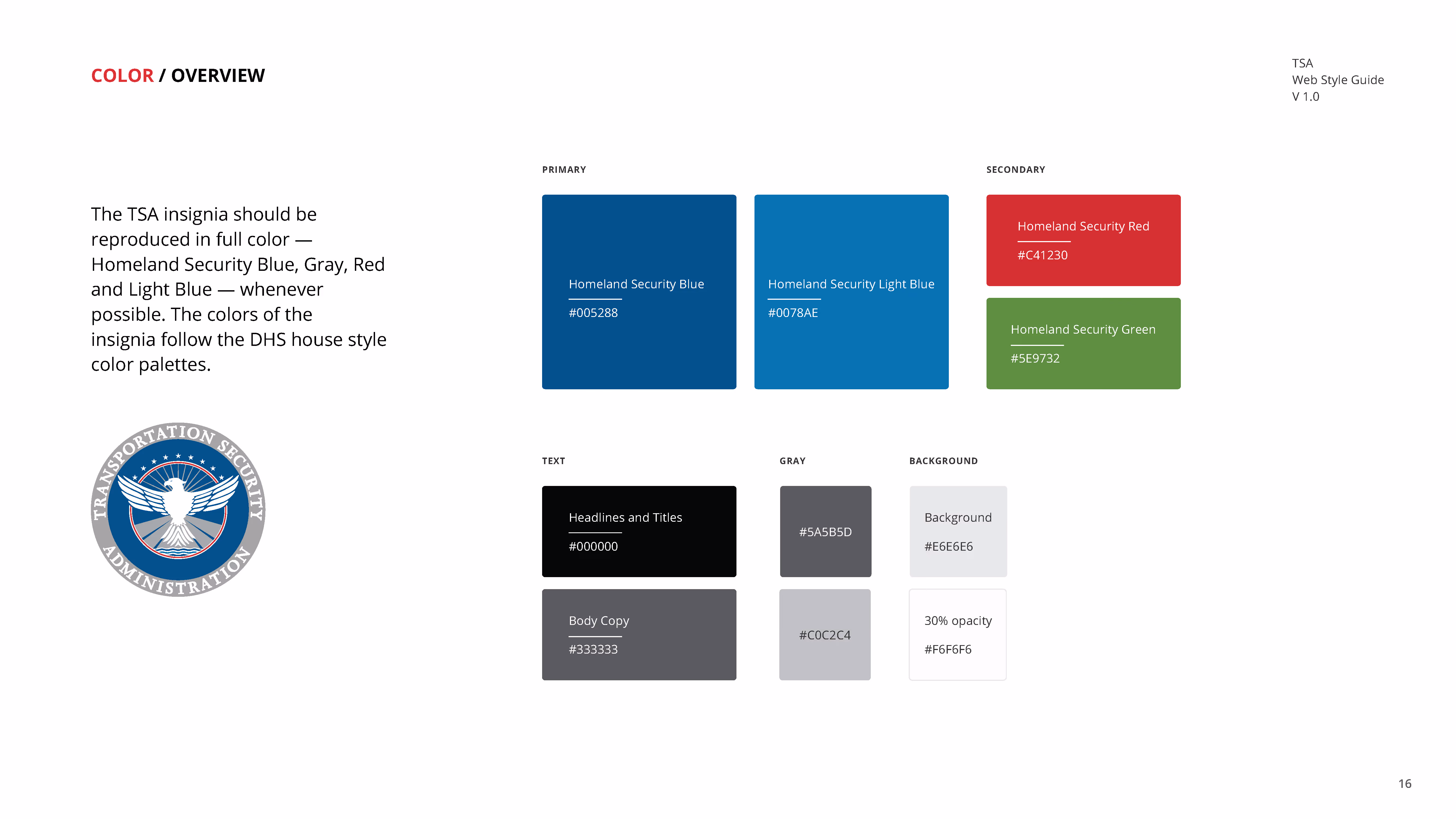 TSA color guide with Homeland Security blues, red, green, black, gray, and background colors shown with hex codes.