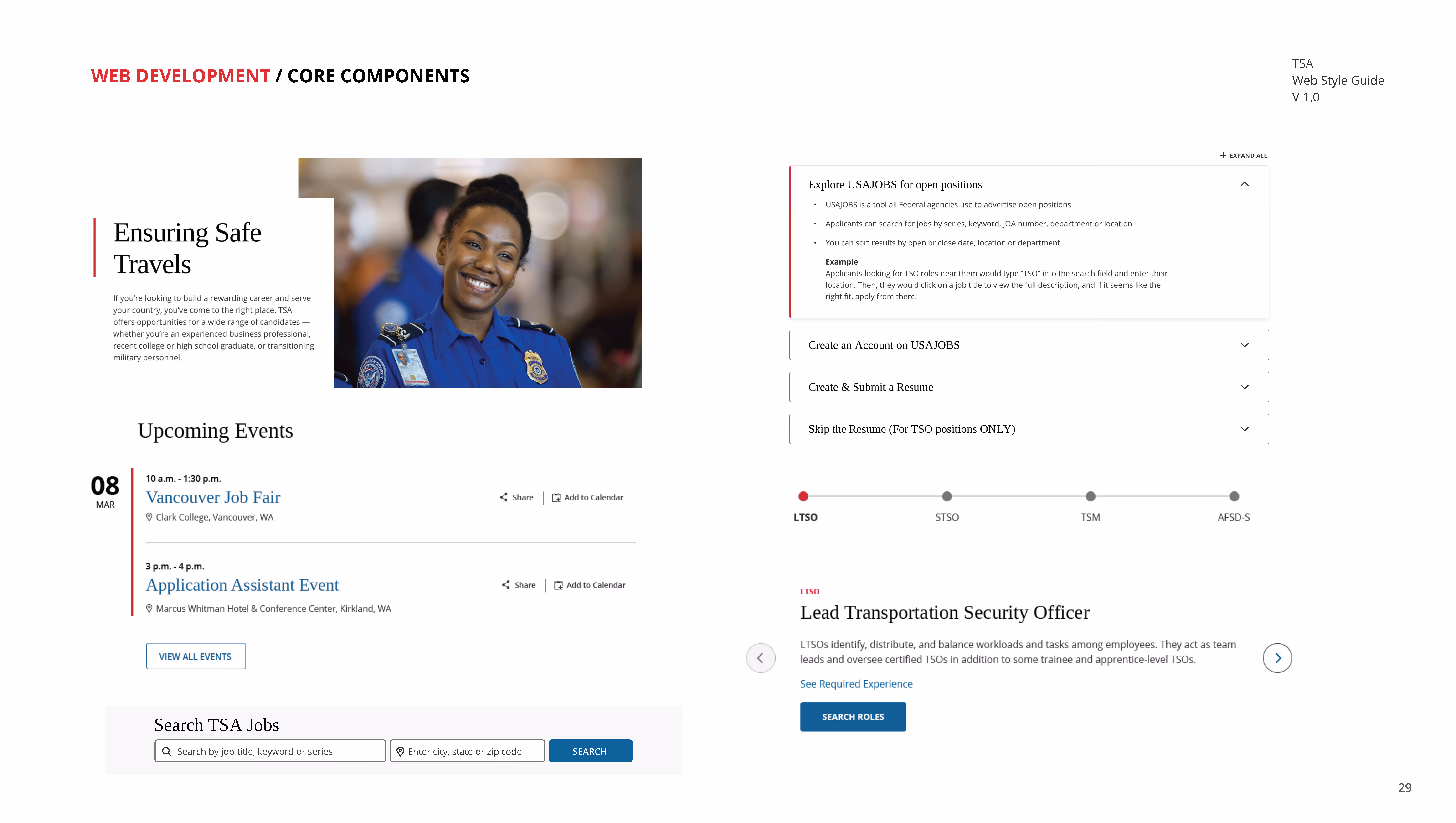 Webpage showing TSA career info, events, job search tool, and a smiling security officer in uniform.