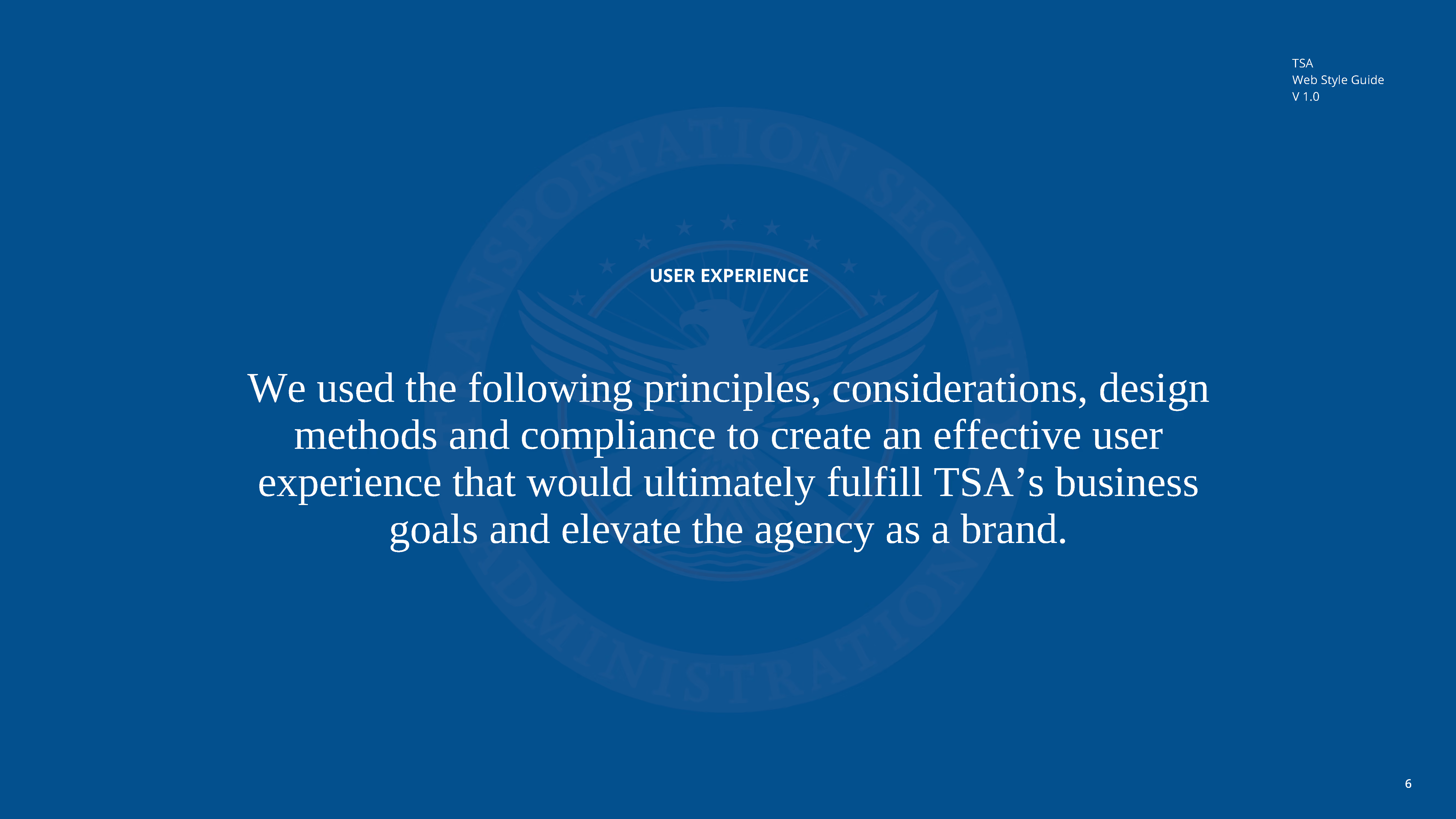 Text on blue background about user experience and TSA's business goals and brand elevation.