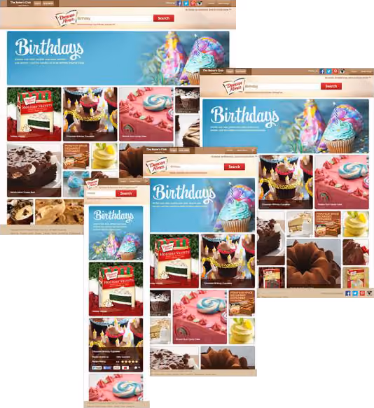 Screenshots of a baking website featuring birthday cakes, cupcakes, and baking mixes in various layouts.