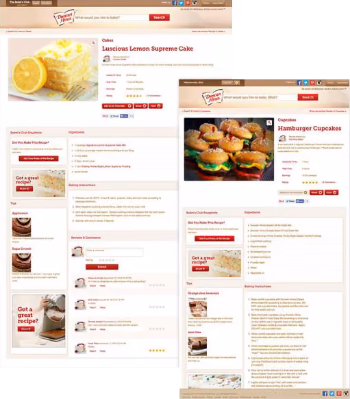 Two recipe pages on a cooking site showing Luscious Lemon Supreme Cake and Hamburger Cupcakes with images and details.