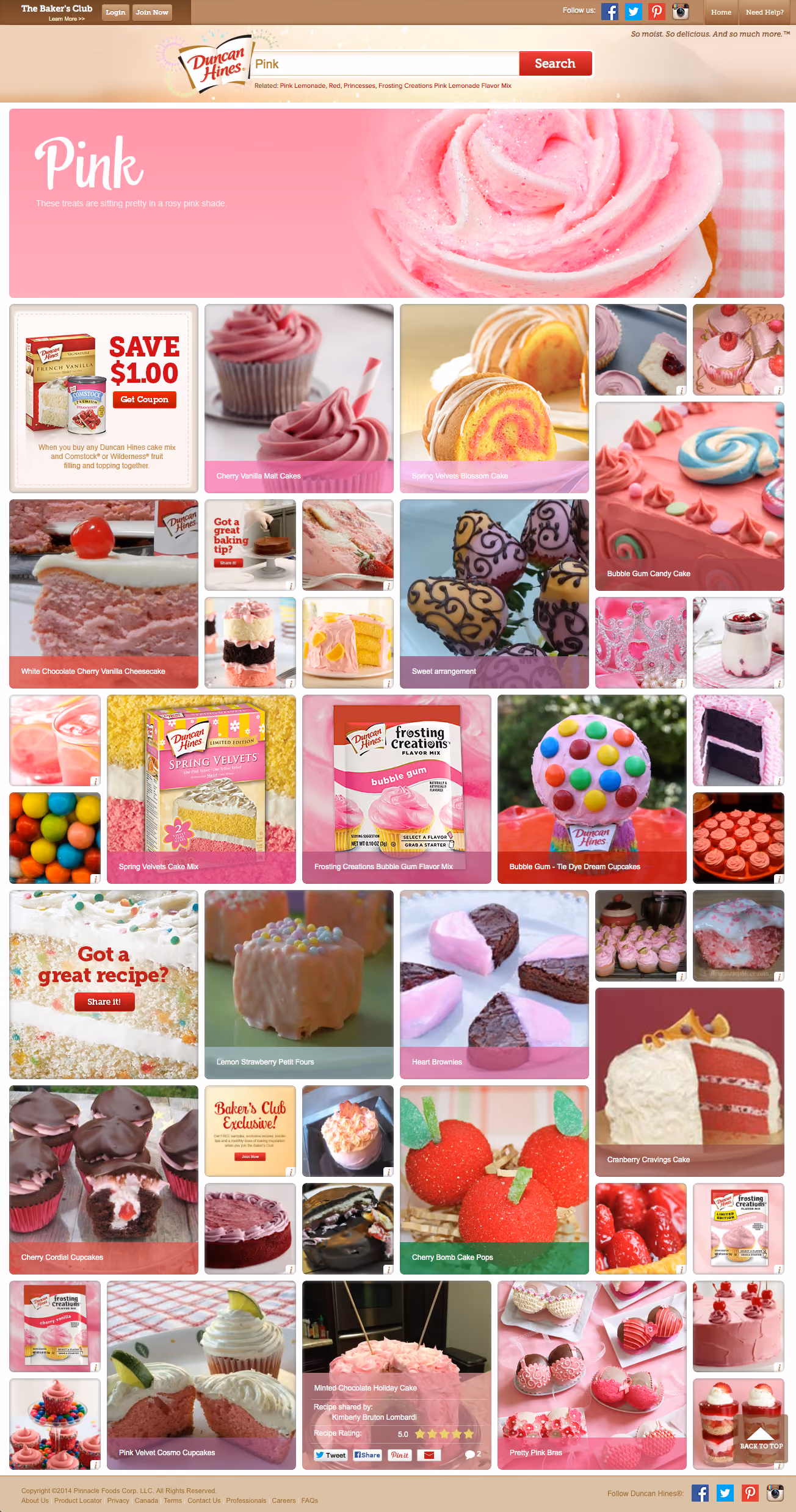 Collage of various pink-themed cakes, cupcakes, and desserts with Duncan Hines branding and recipes.