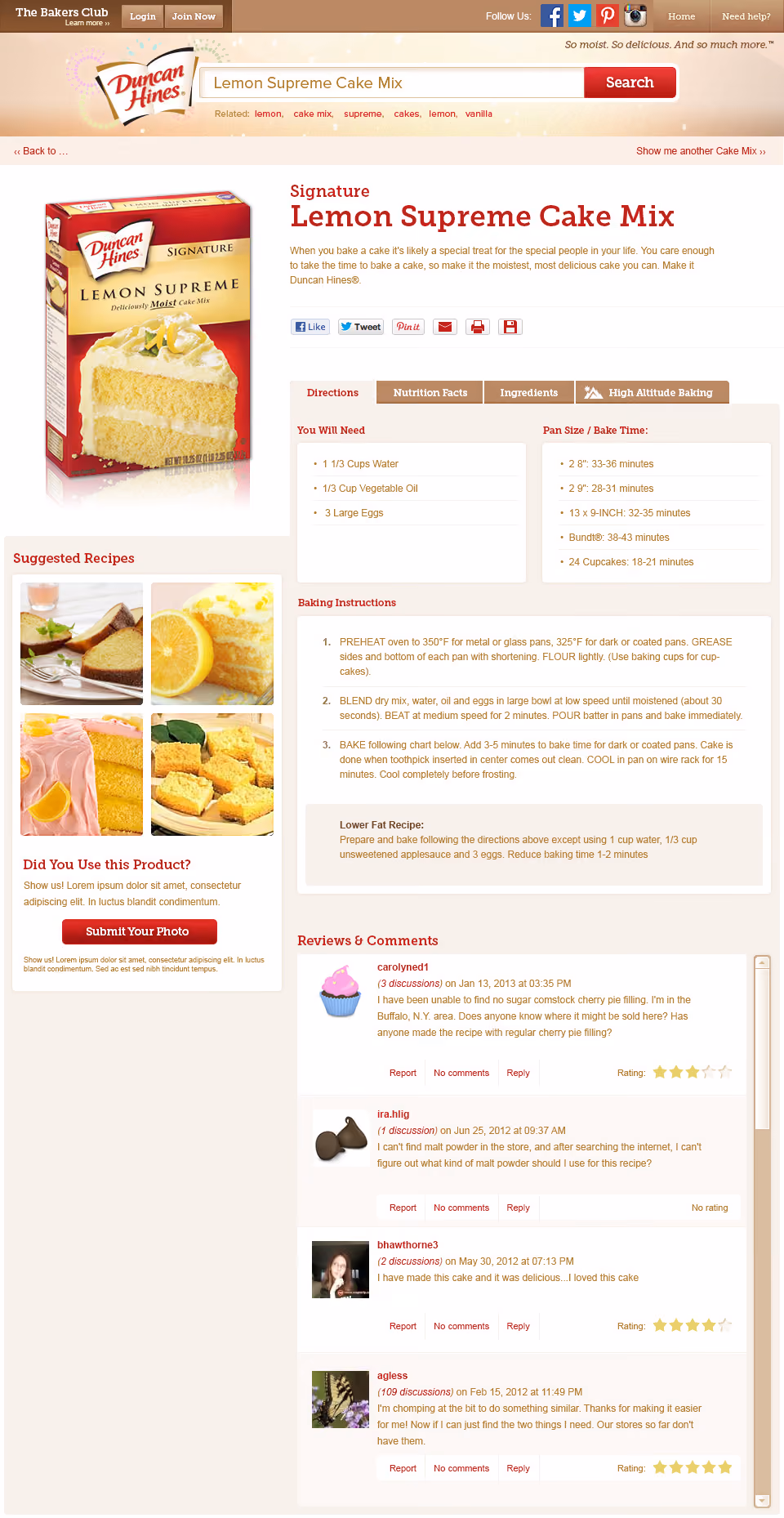Webpage for Duncan Hines Lemon Supreme Cake Mix with product image, ingredients, baking instructions, and reviews.