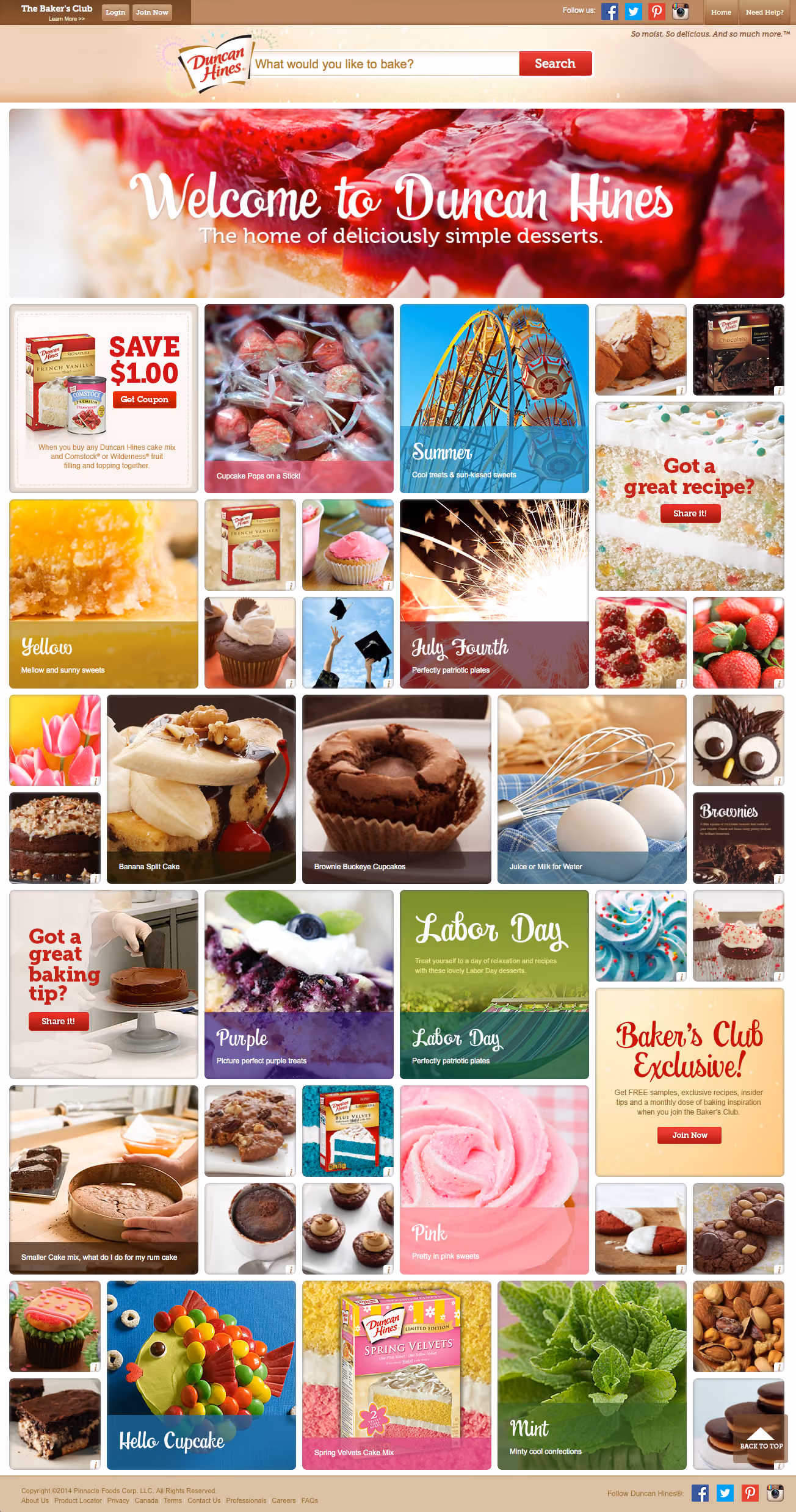Duncan Hines homepage with dessert photos, recipe promos, and baking mix coupons.