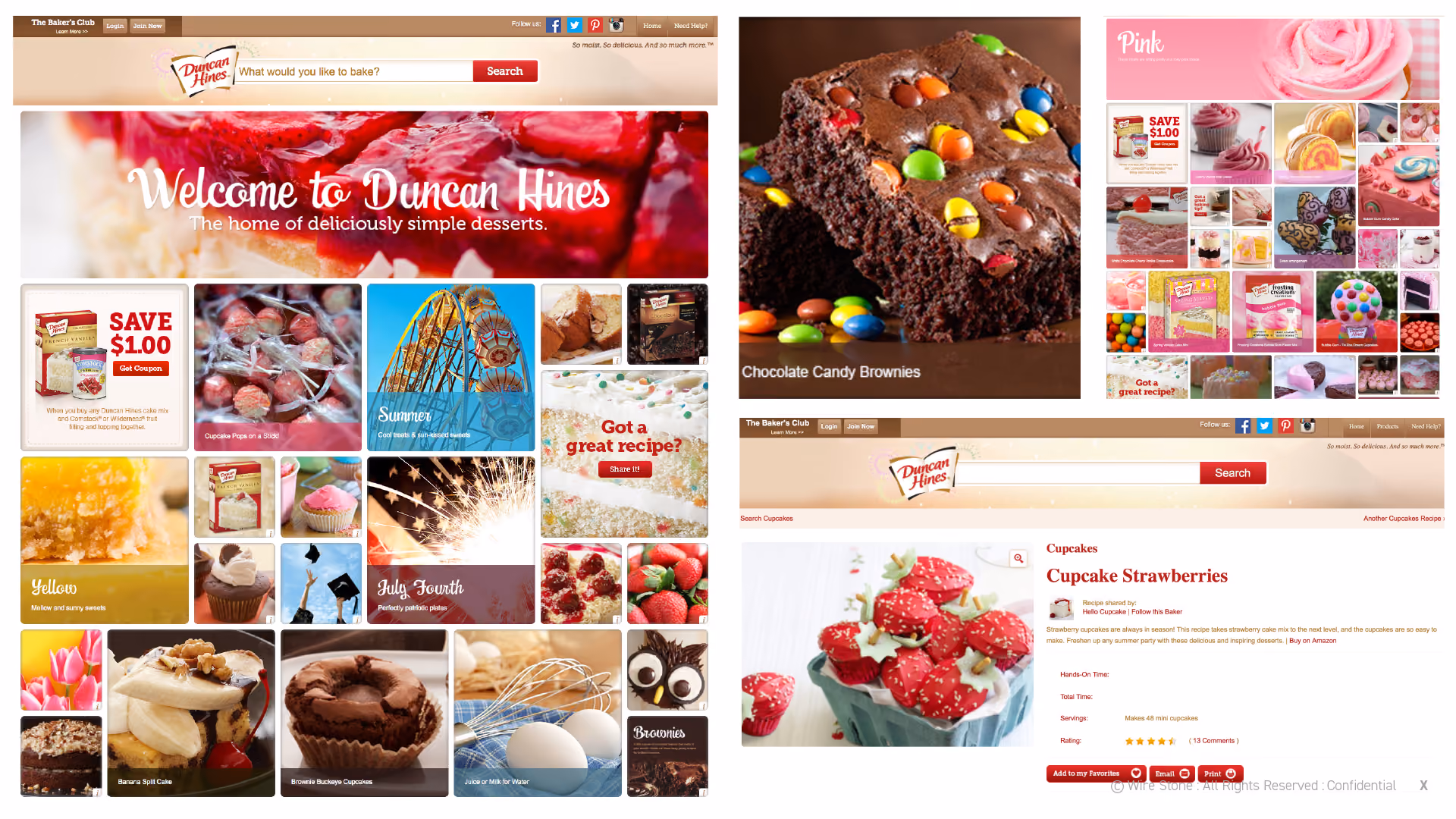 Website homepage and cupcake recipe page featuring various desserts including chocolate brownies and strawberry cupcakes.