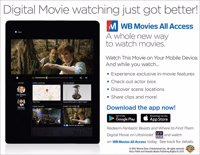 Advertisement showing WB Movies All Access app features including actor bios, scene locations, and sharing clips.