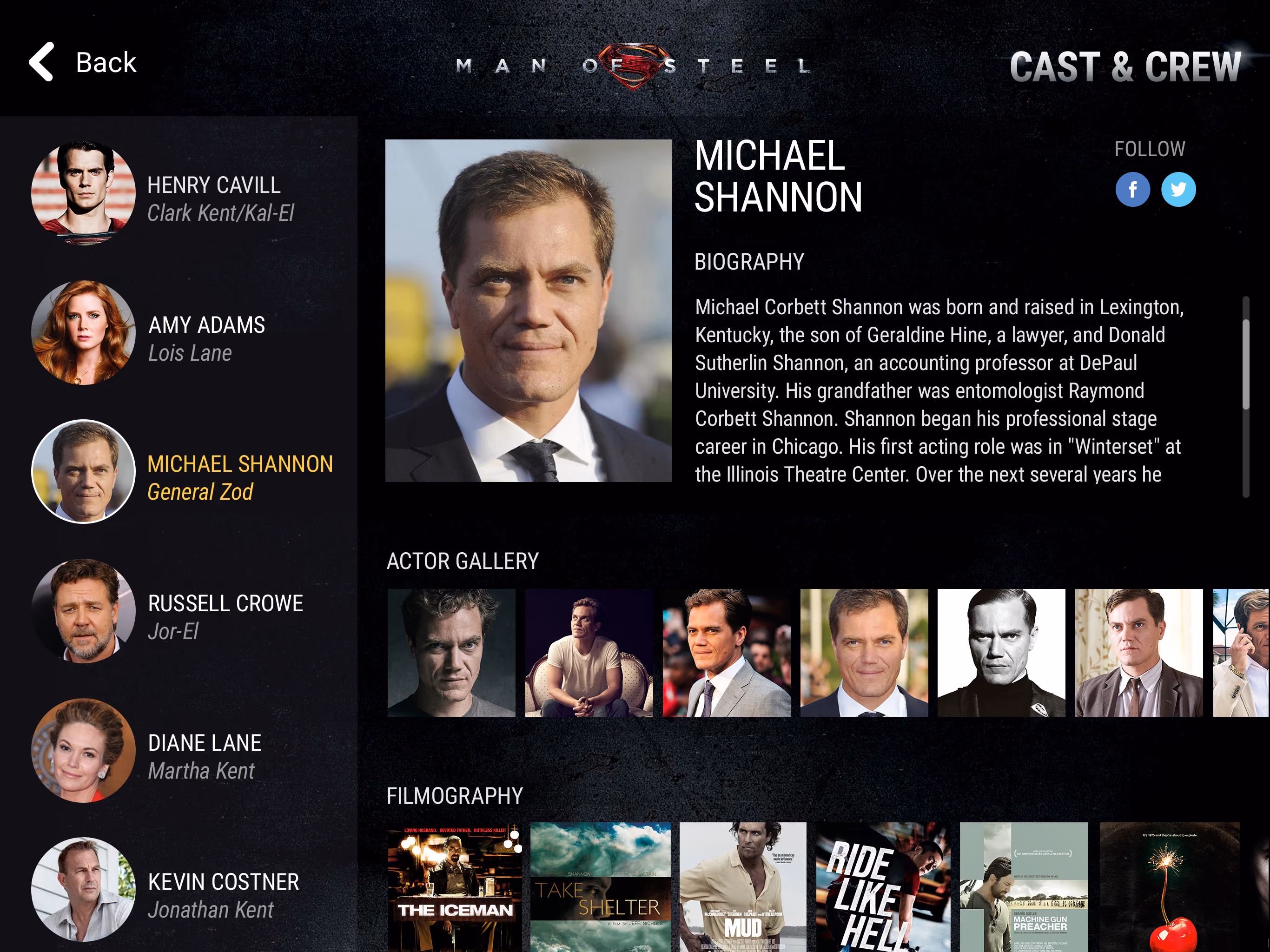 Movie cast and crew page showing Michael Shannon's profile with bio, actor gallery, and filmography for Man of Steel.