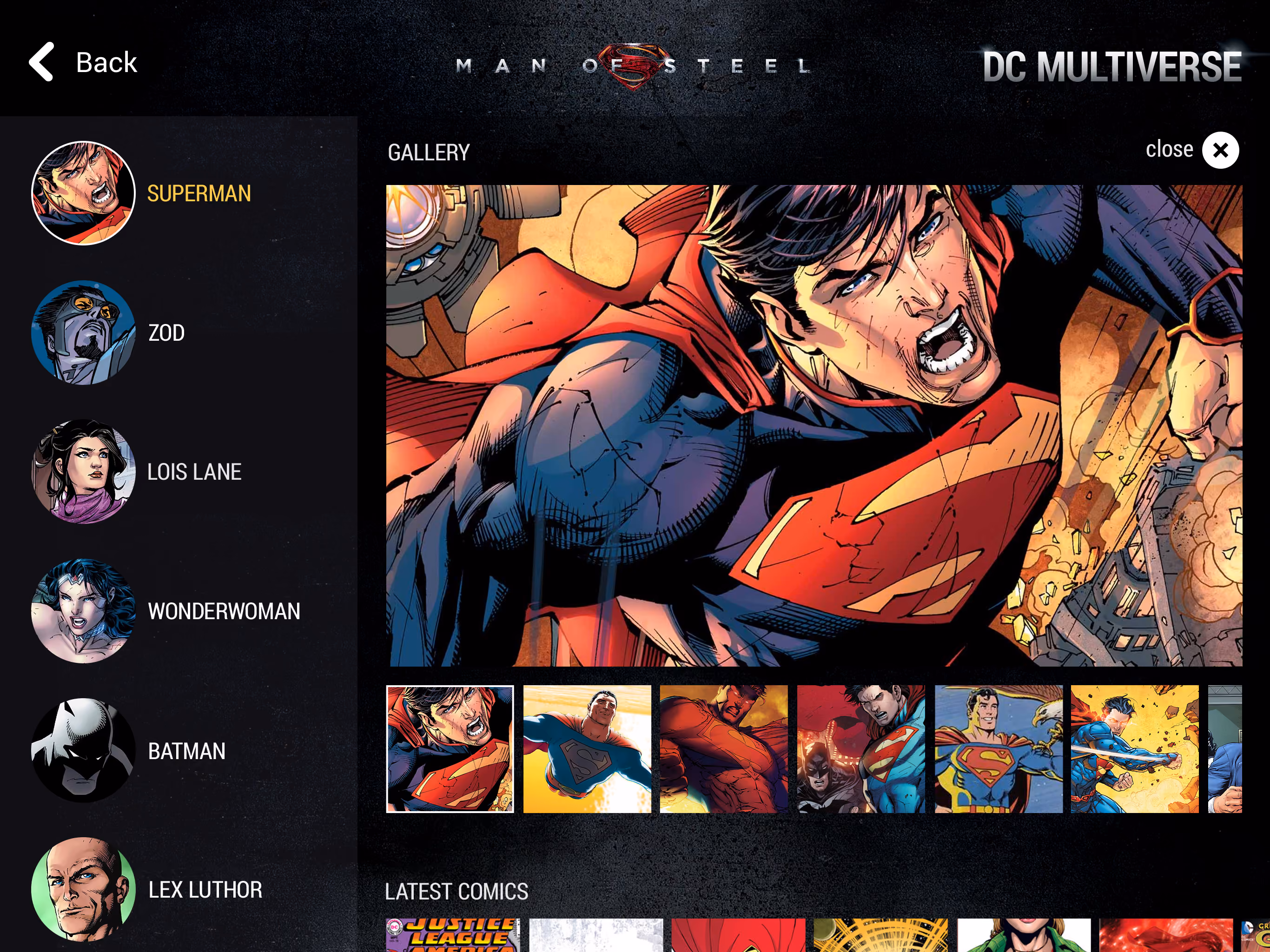 Comic illustration of Superman in a dynamic flying pose with a determined expression and city destruction background.