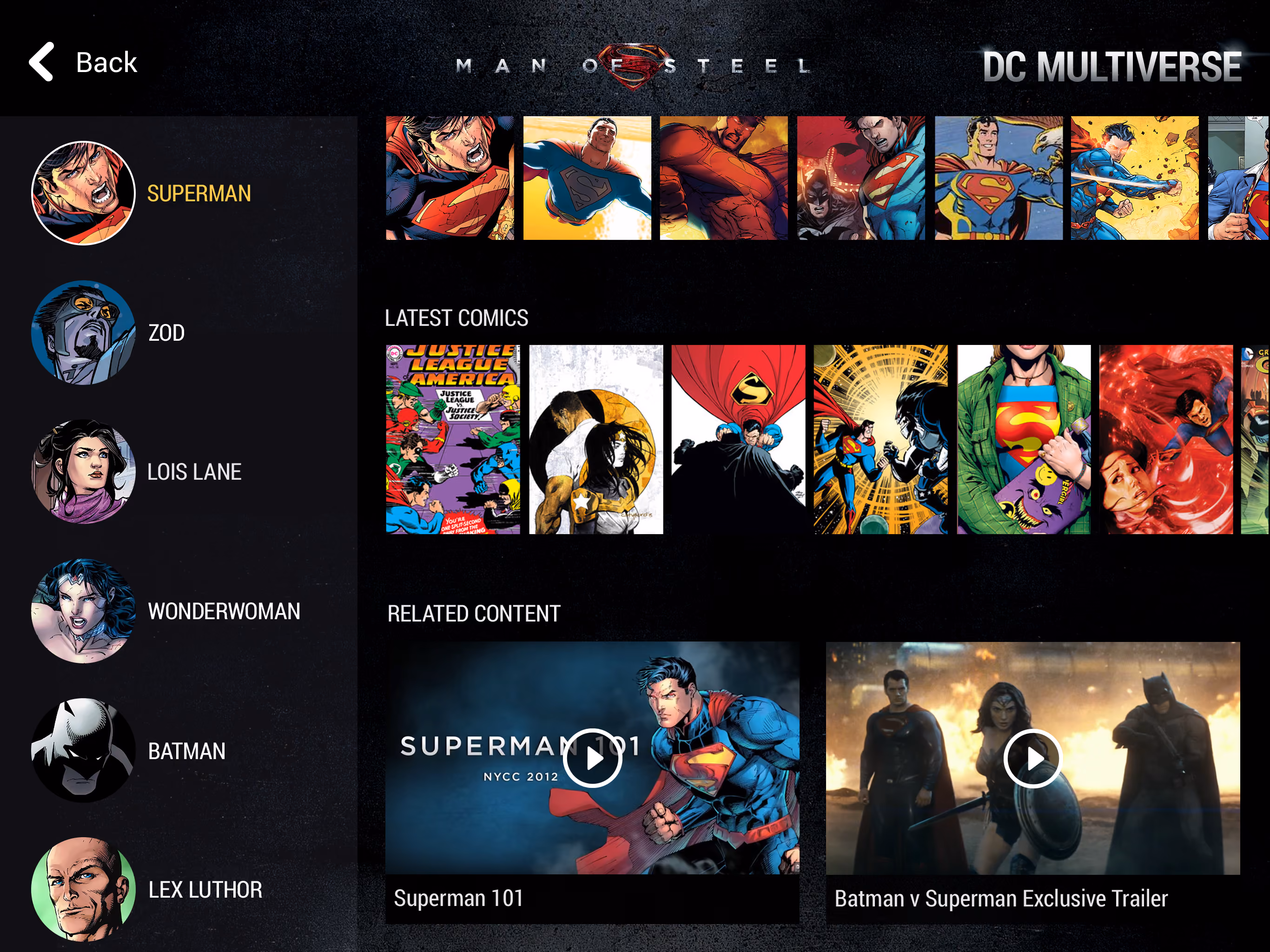 DC Multiverse Man of Steel page showing characters, latest comics, and related video content with Superman highlighted.