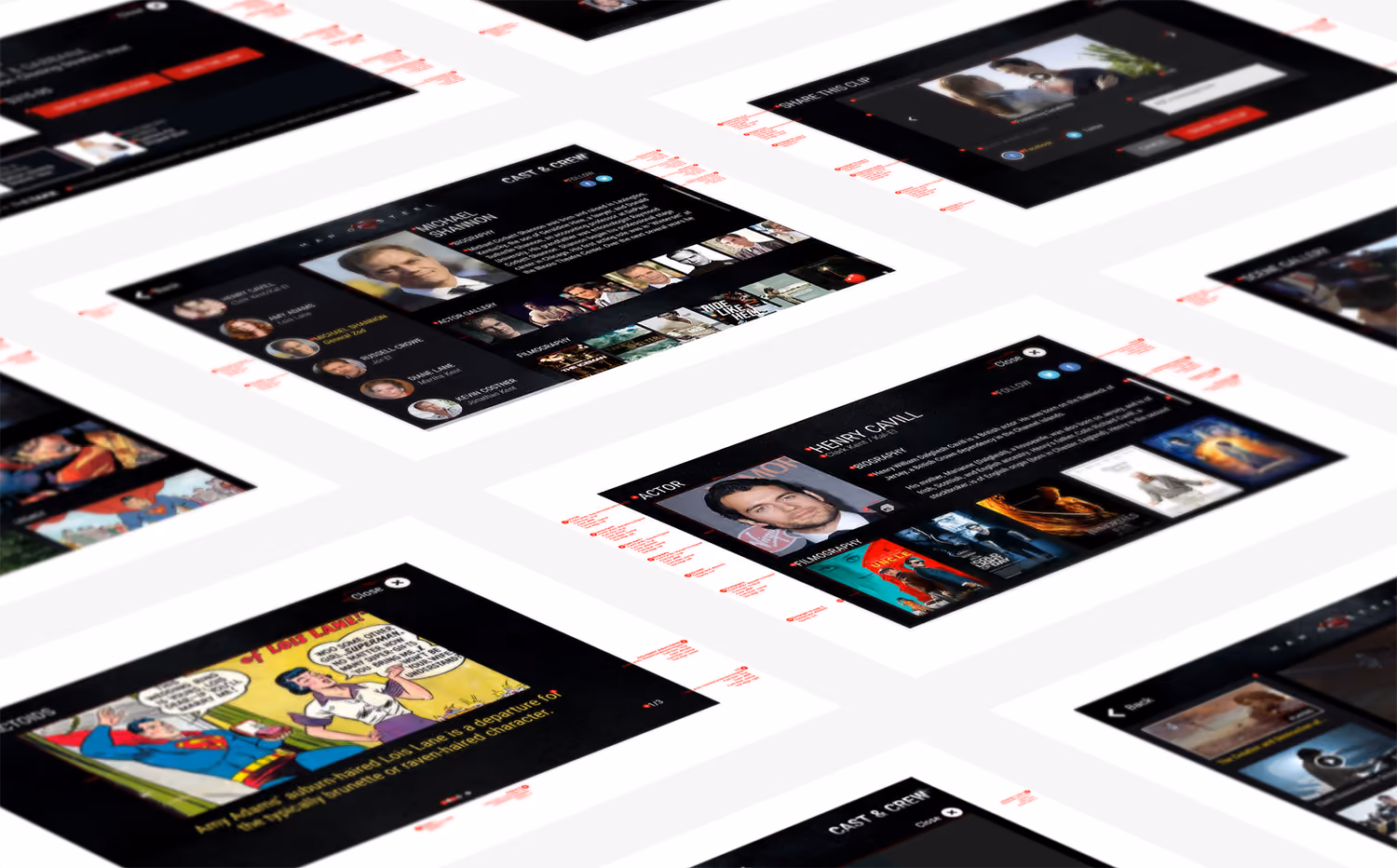 Multiple angled screenshots of a dark-themed media app showing actor profiles and comic panels.