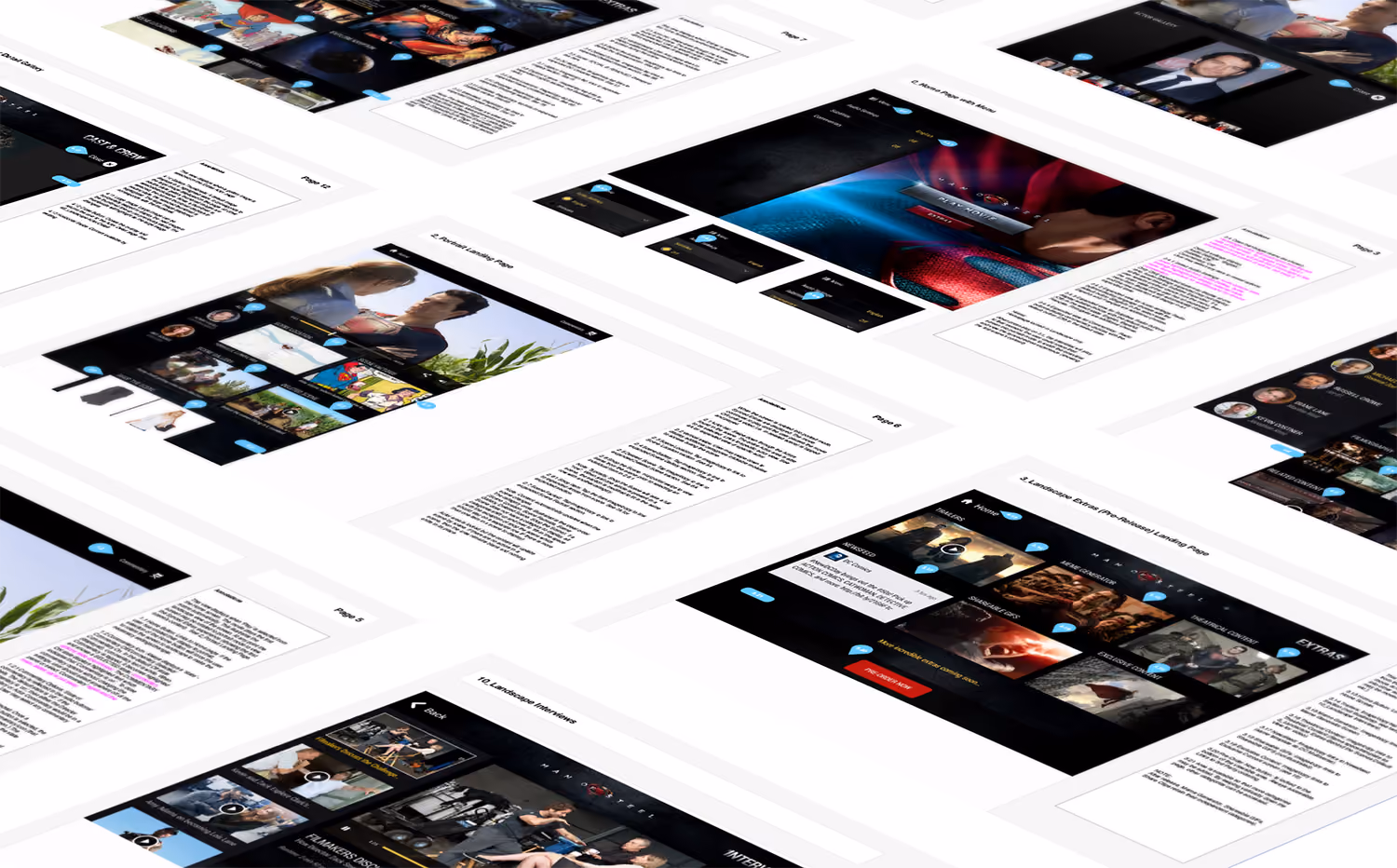 Multiple digital screen mockups showing video streaming app with superhero and actor content.