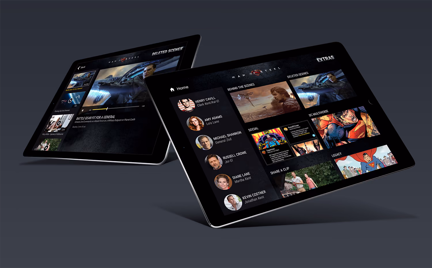 Two tablets showing Man of Steel movie extras, deleted scenes, and cast list on dark backgrounds.
