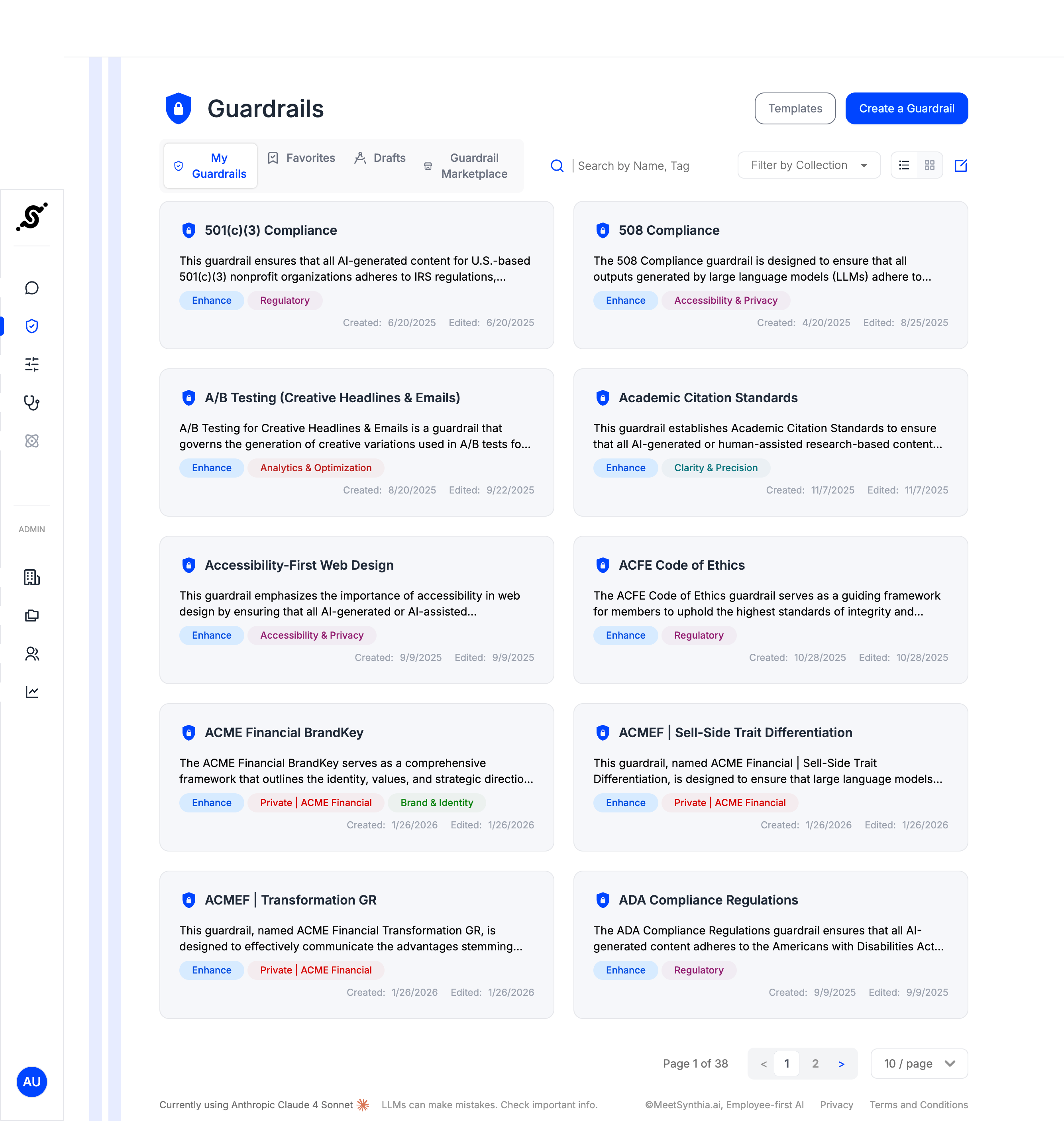 List of AI content guardrails with titles, descriptions, tags, creation and edit dates in a dashboard interface.