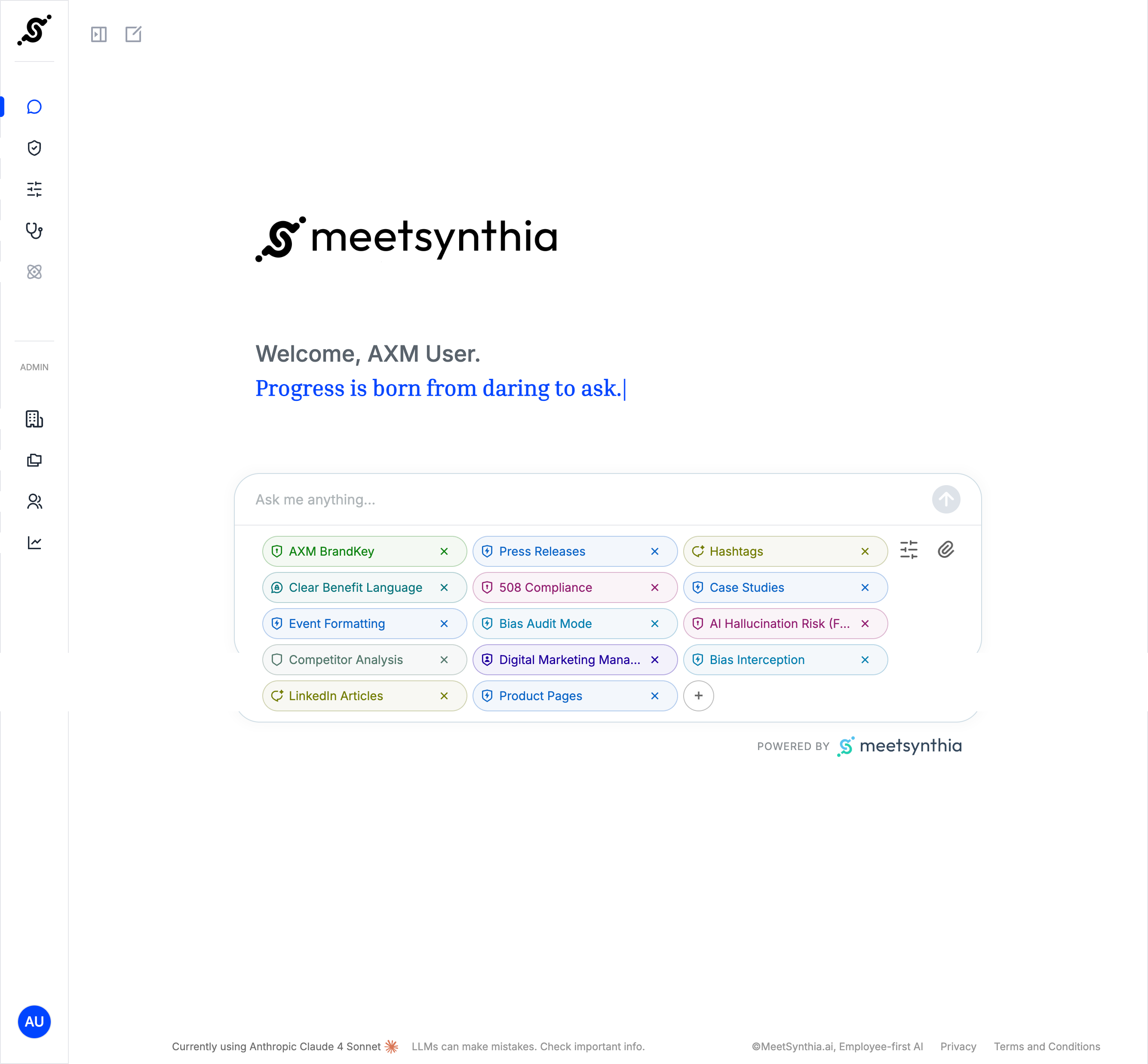 Meetsynthia AI interface showing tags like AXM BrandKey, Press Releases, Hashtags, and more in a chat input box.