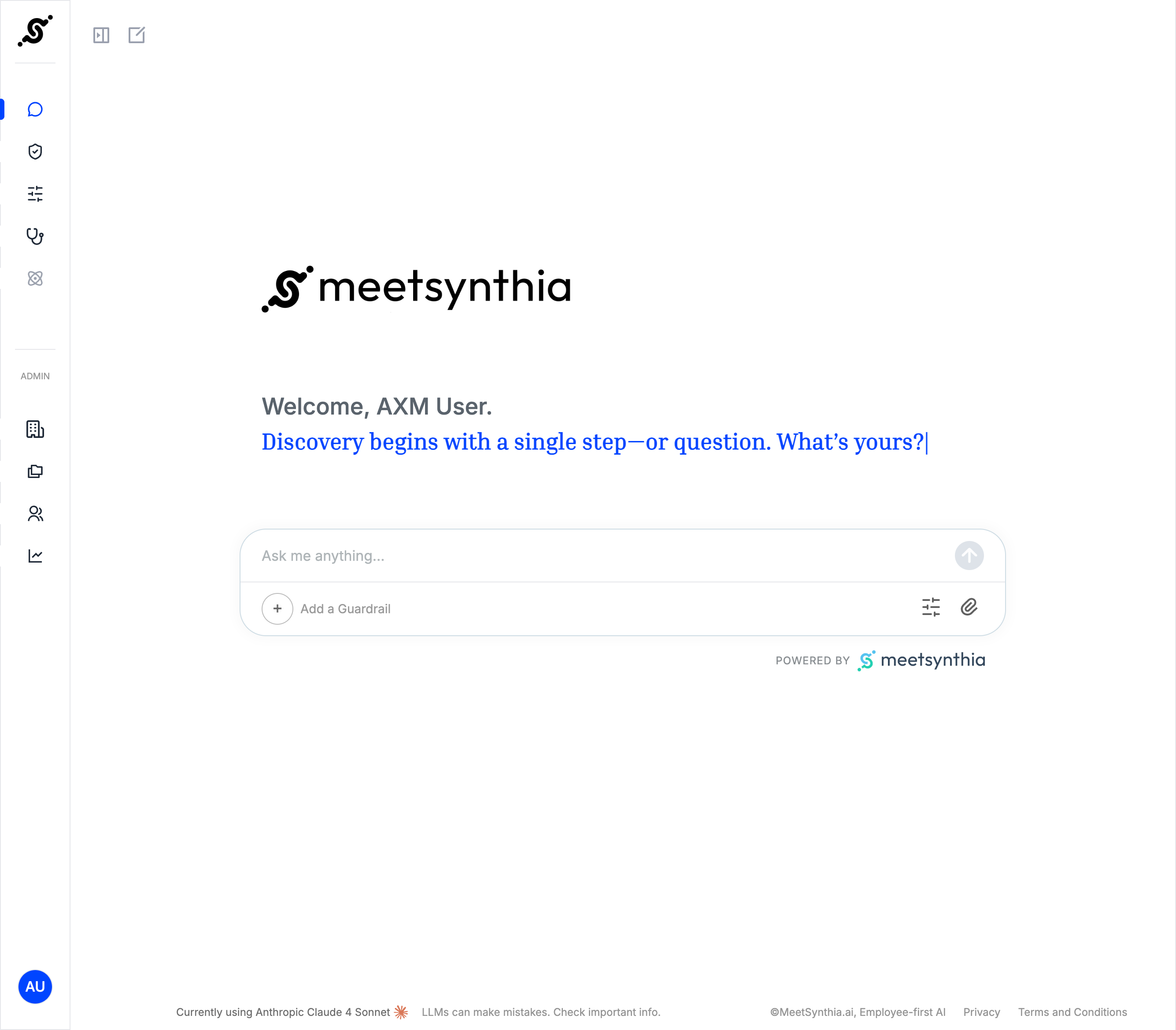 Meetsynthia AI chat interface with welcome message and input box inviting user questions.