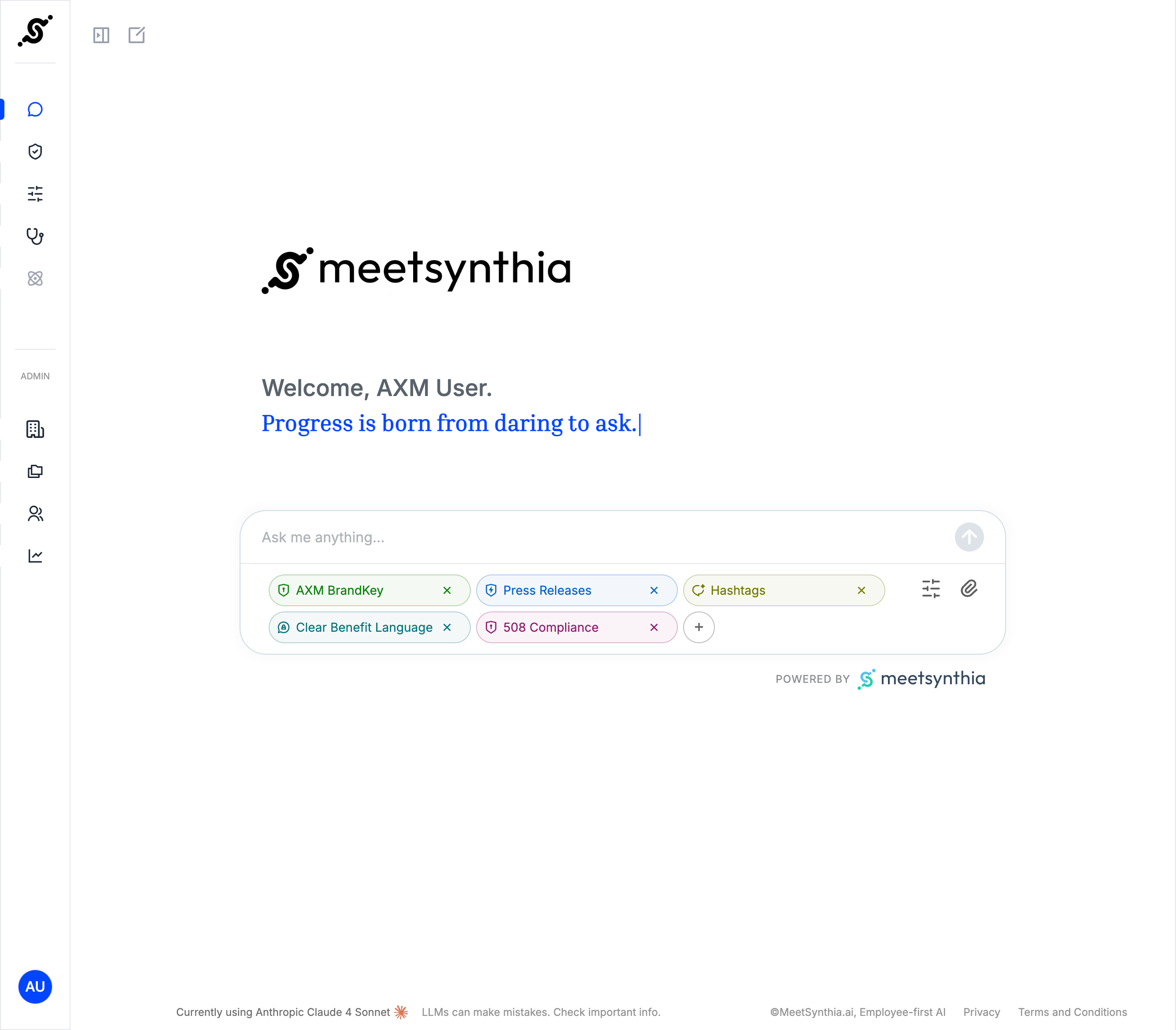 Meetsynthia AI chat interface with user greeting, enabled filters, and white sidebar menu icons.