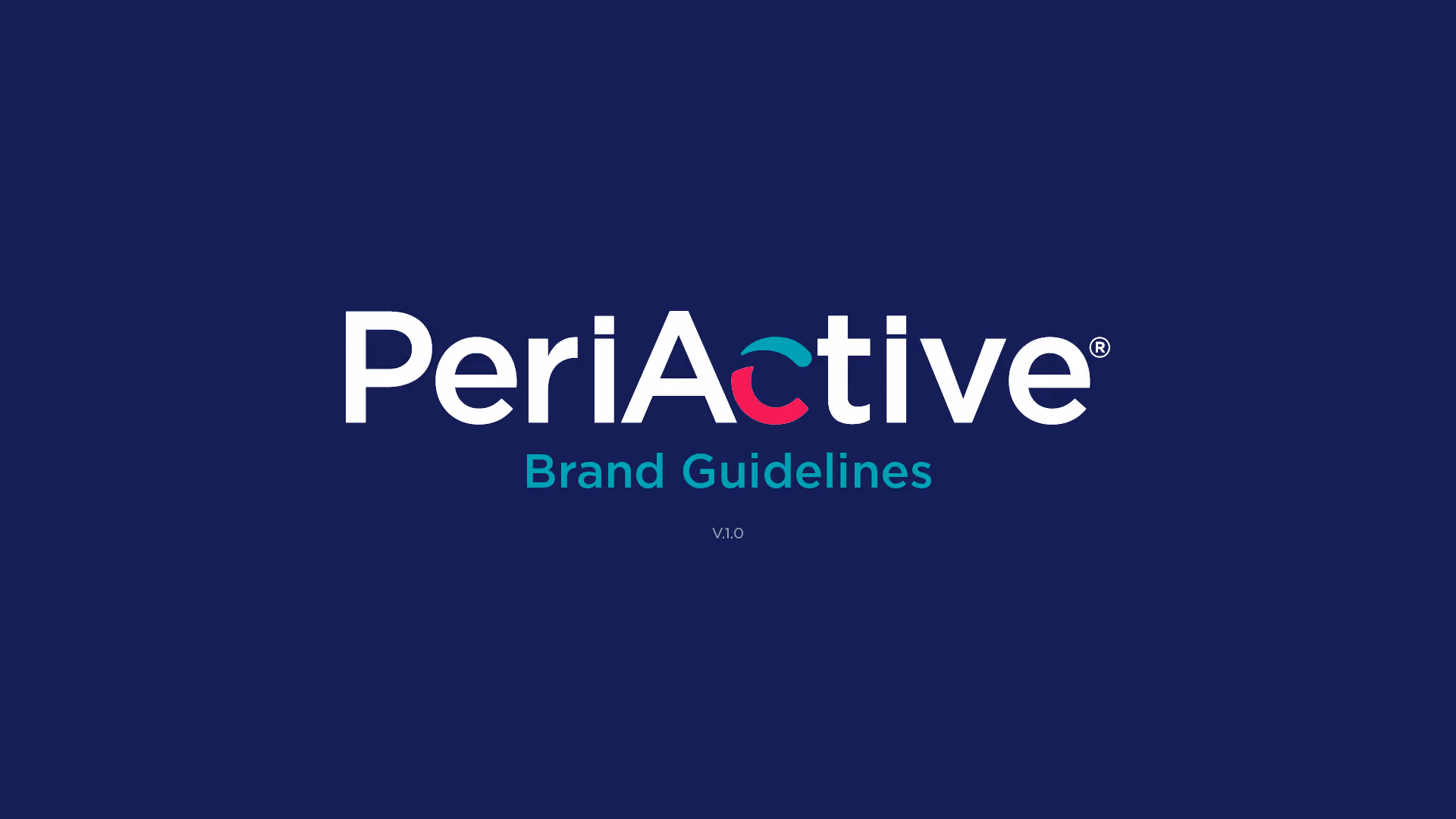 PeriActive brand guidelines title screen with logo on dark blue background