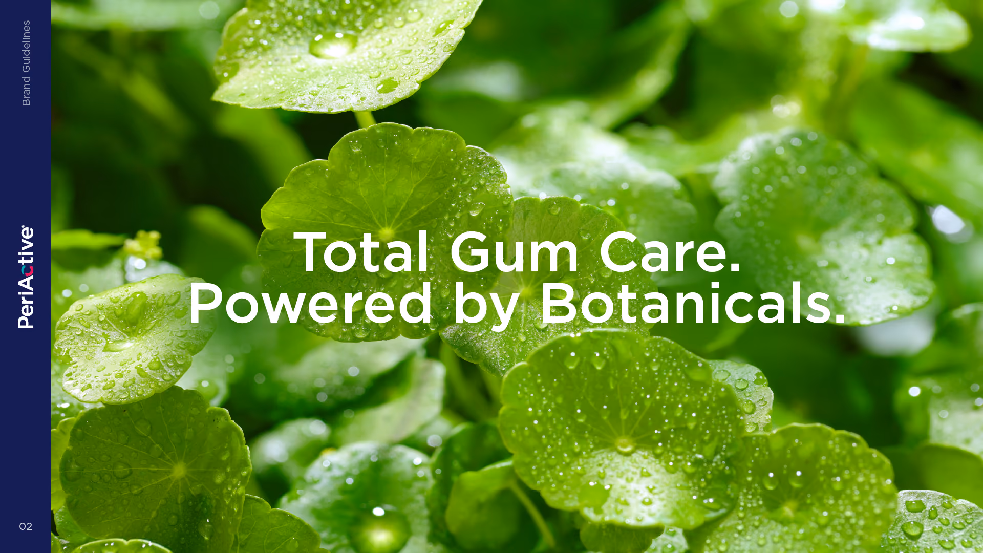 Green botanical leaves with water droplets and white text saying Total Gum Care powered by Botanicals.