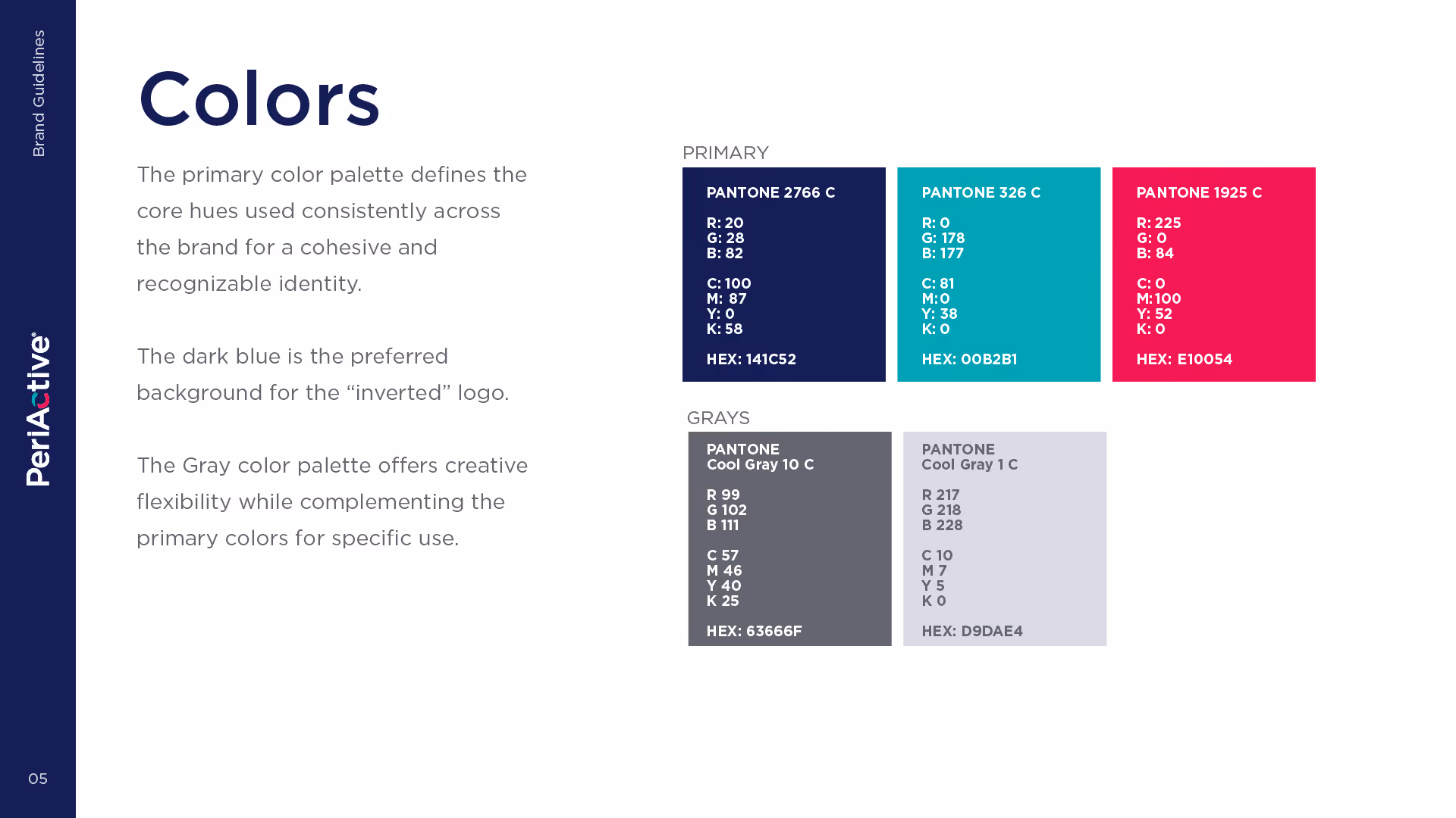 Brand color guide showing primary colors: dark blue, teal, pink, and two shades of gray with HEX codes.