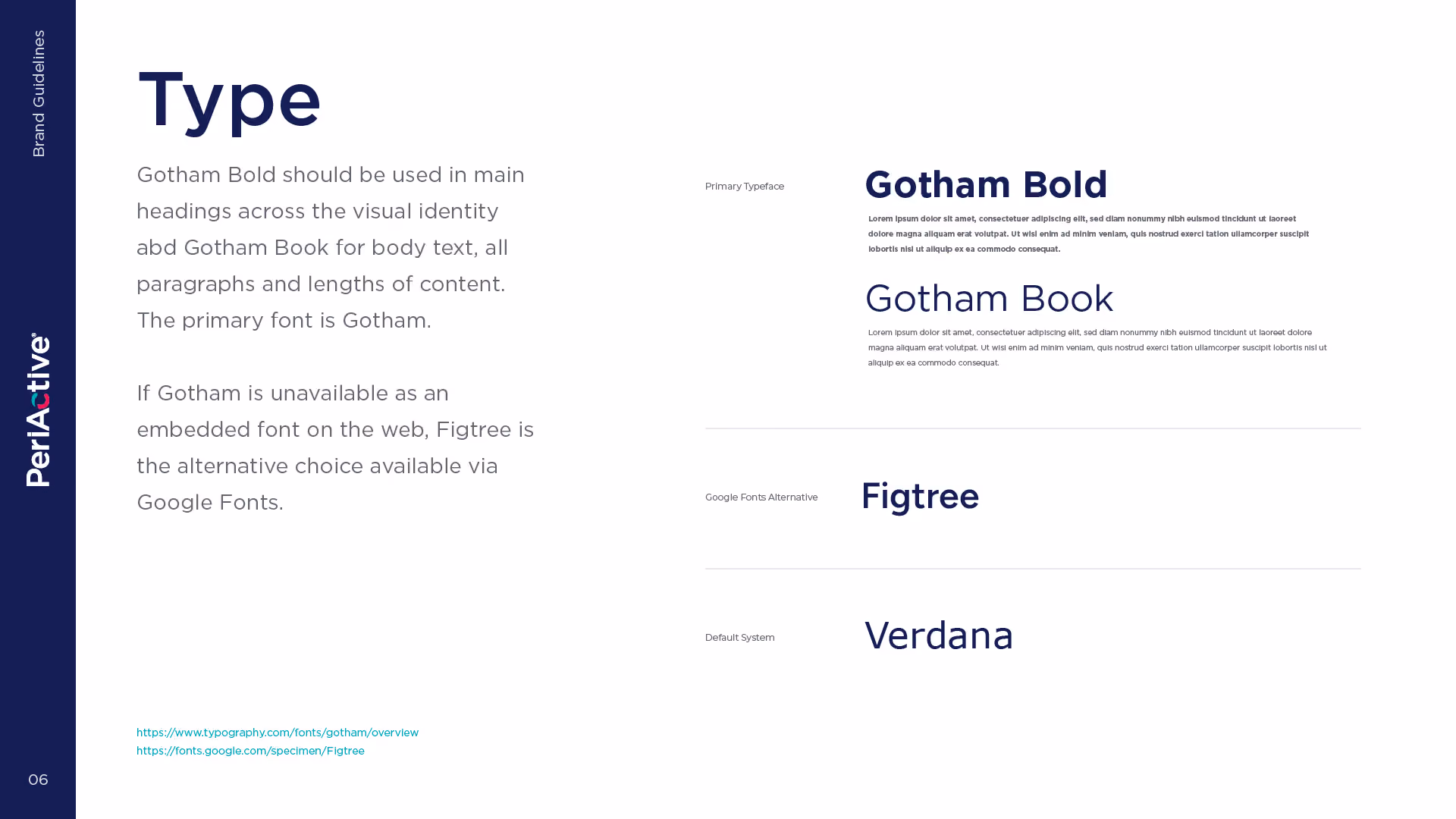 Typography guidelines showing Gotham Bold, Gotham Book, Figtree, and Verdana fonts with usage instructions.