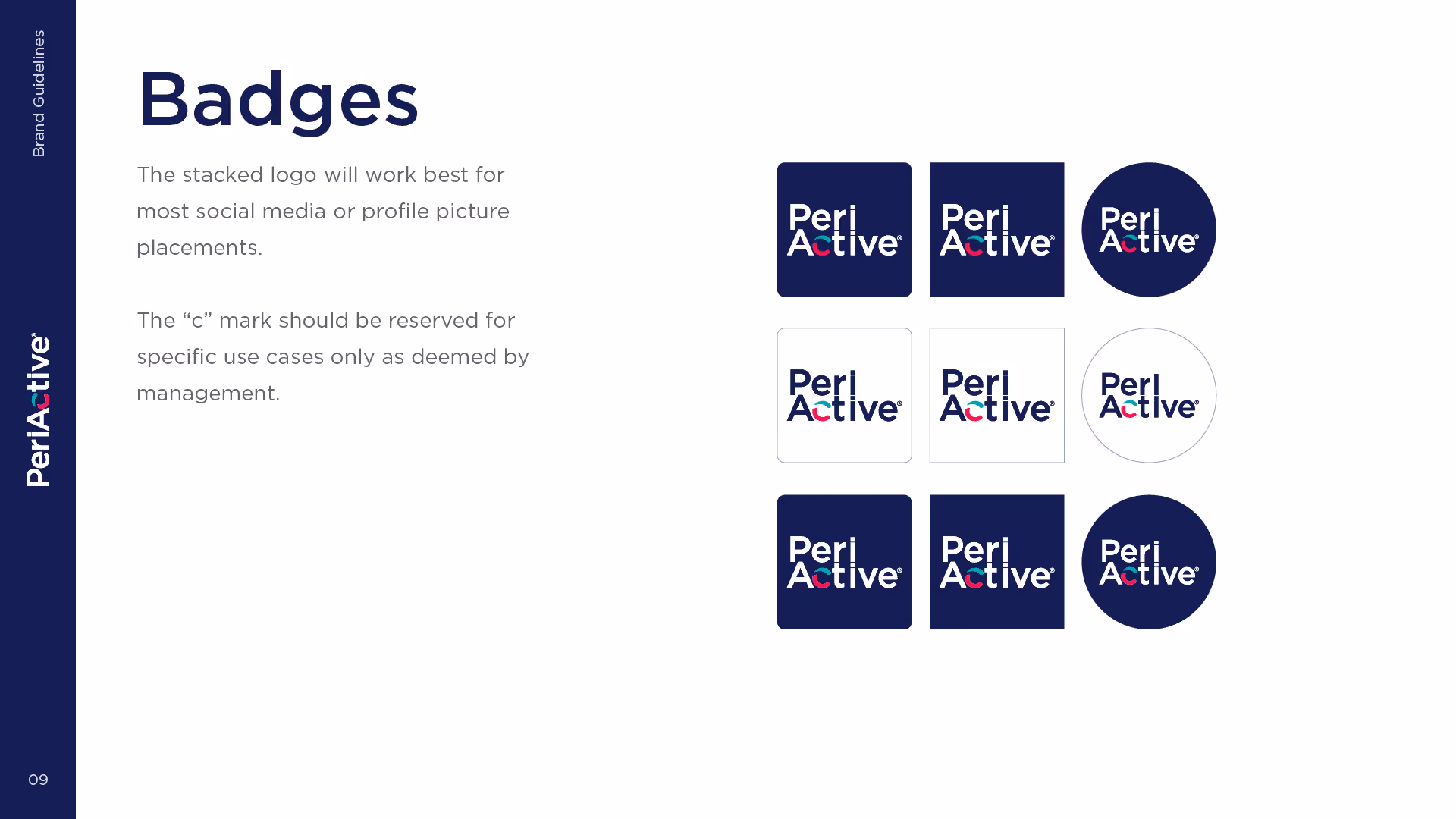 PeriActive badges in different shapes and color backgrounds for social media or profile use.