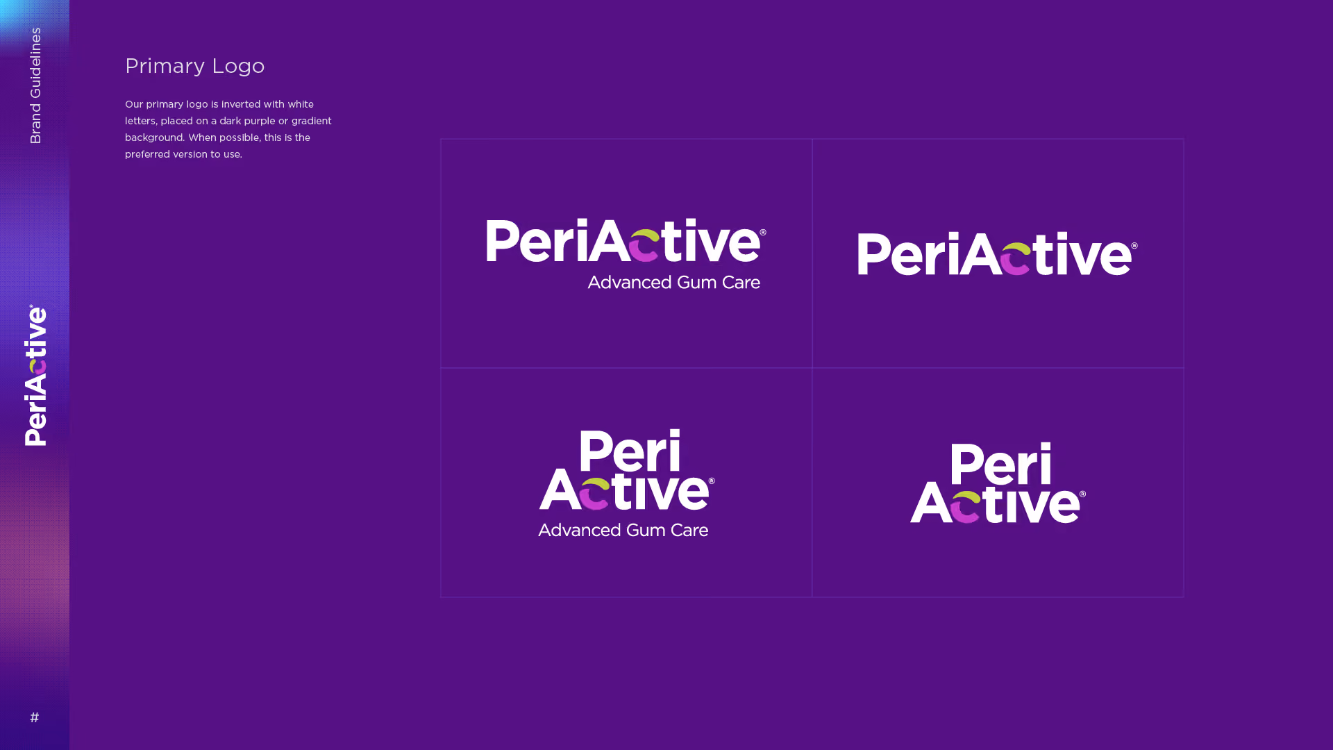Four versions of the PeriActive logo with white text on dark purple background and colored accents in letters.