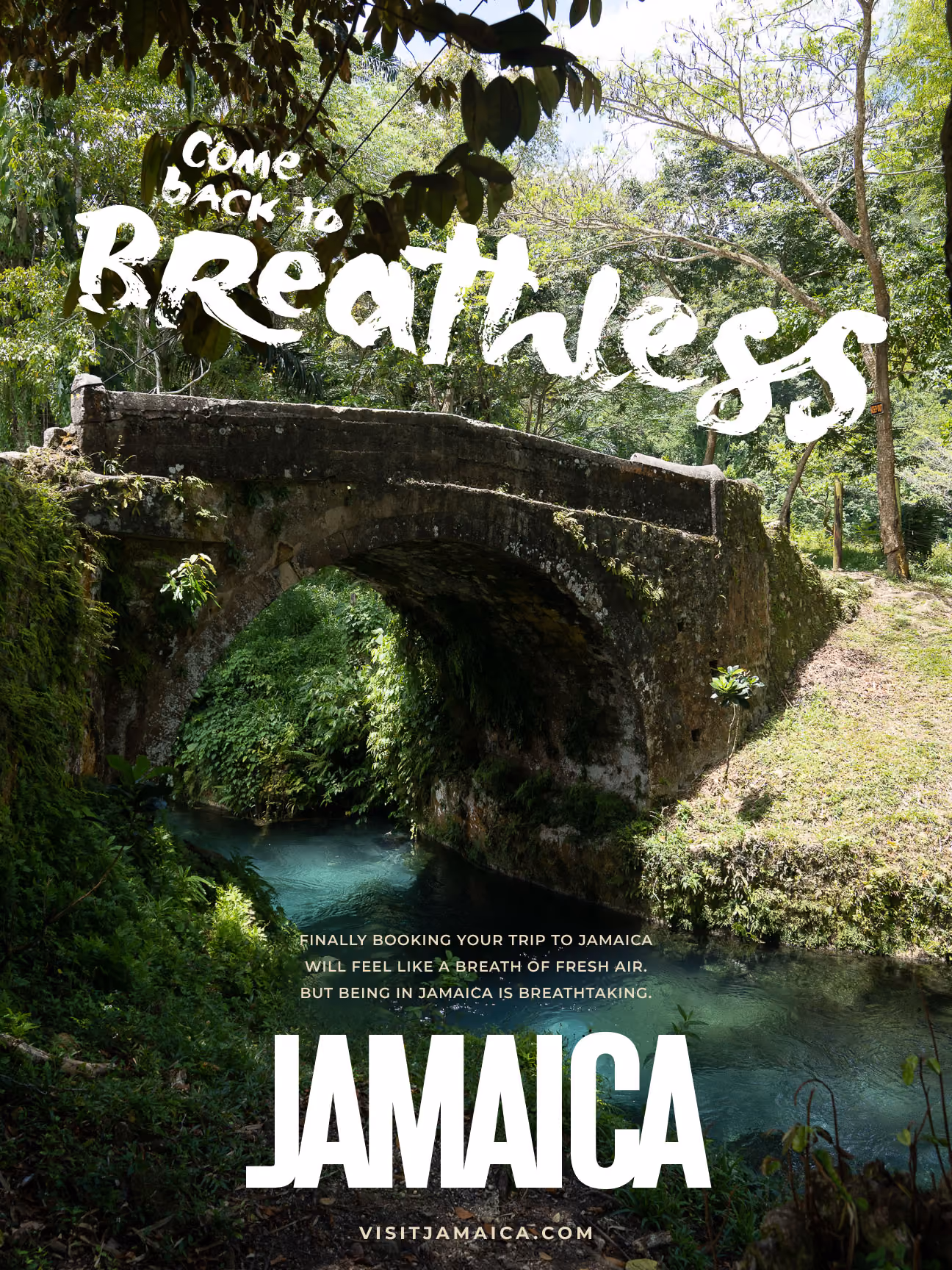 Stone arch bridge over clear river surrounded by lush green foliage and trees in Jamaica.