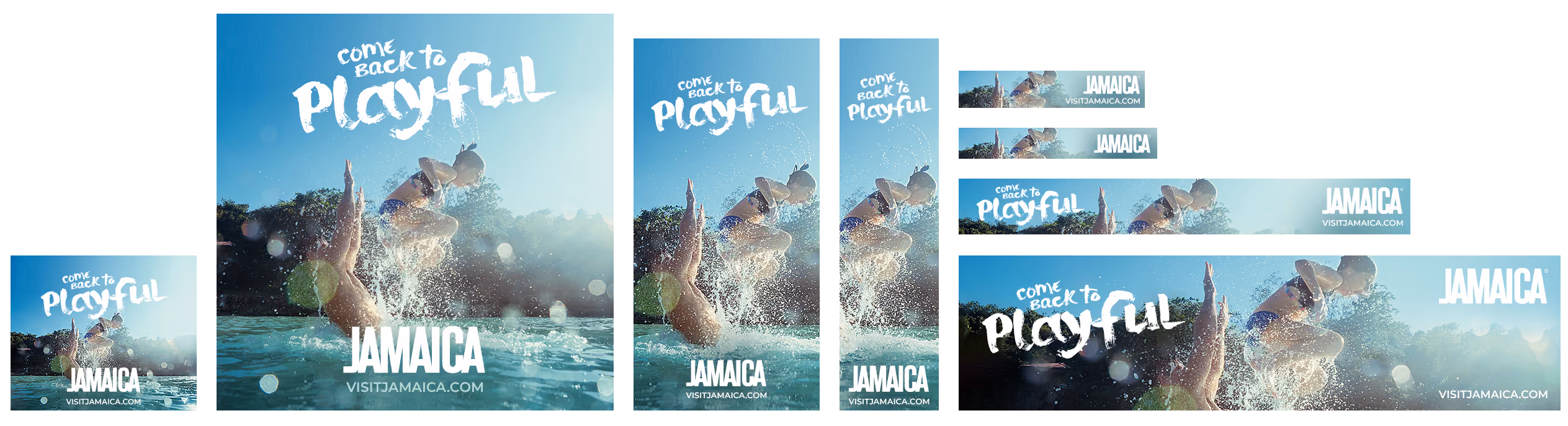 Multiple ads showing a child jumping into water with text 'Come back to Playful' and Jamaica visit website.