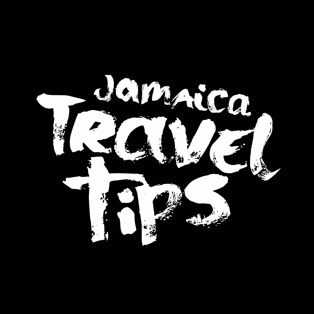 'Jamaica Travel Tips' text in white brushstroke style on a black background.