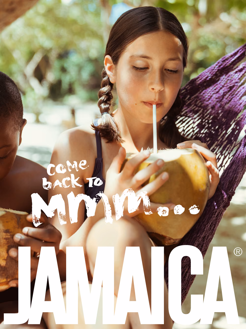 Girl with braided hair drinking from a coconut while relaxing in a hammock outdoors.