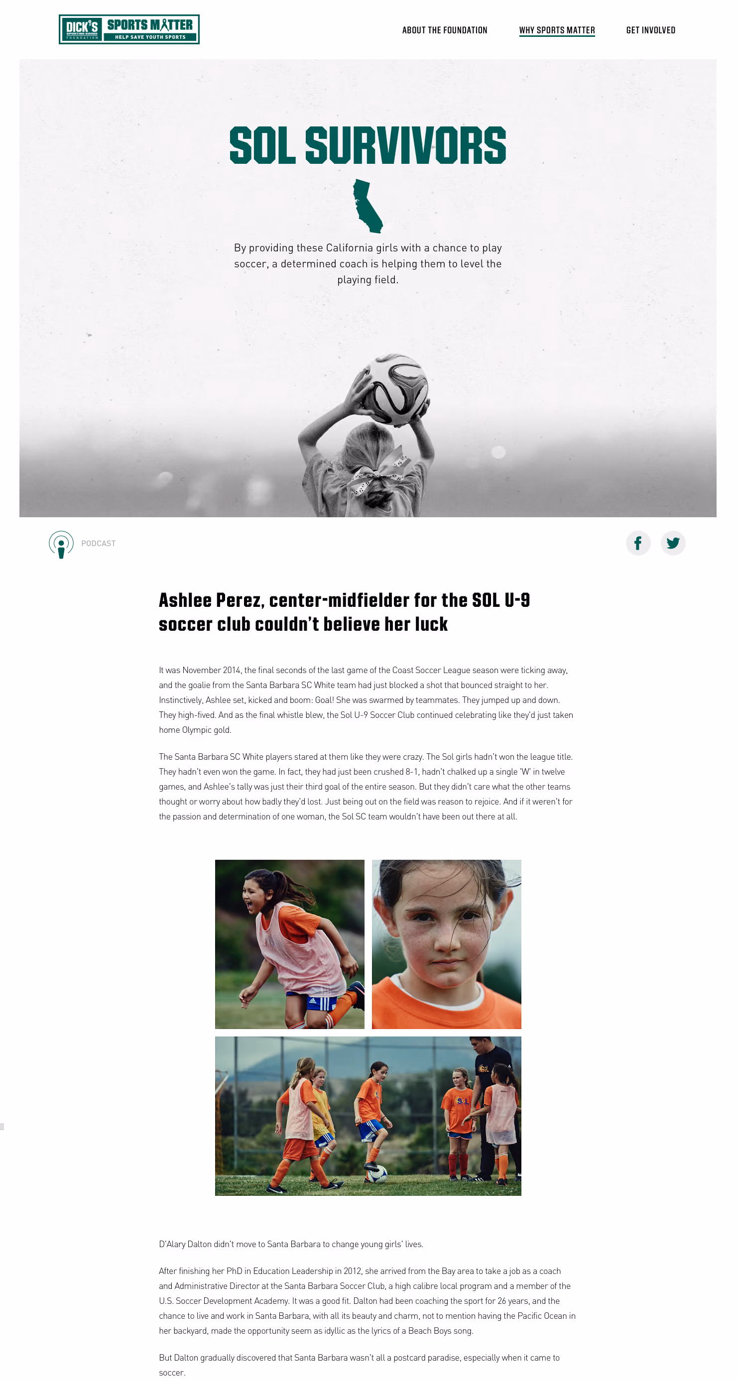 Girl with bow holding soccer ball overhead against a gray sky on a soccer-themed webpage.