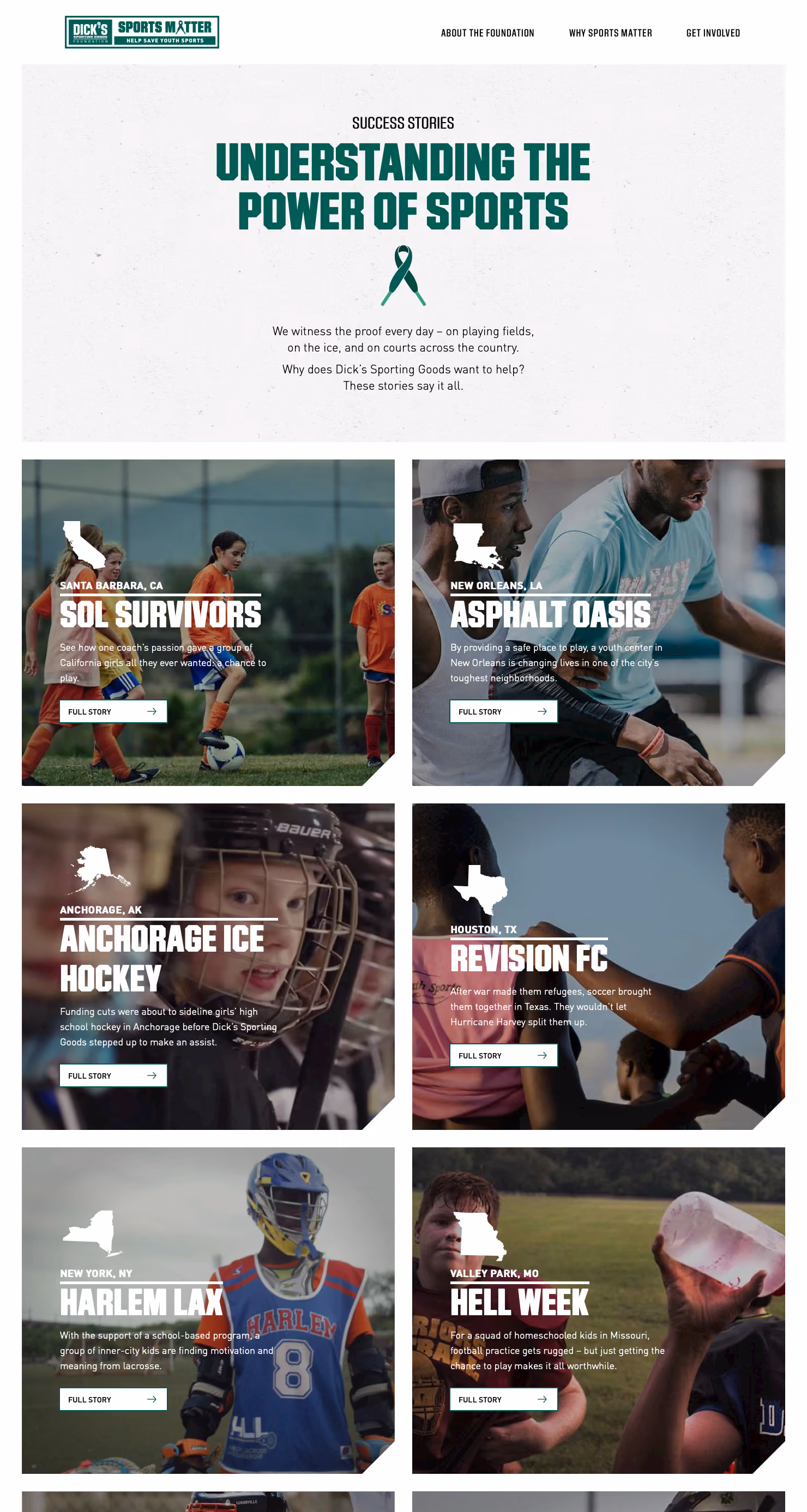 Webpage showing success stories of youth sports programs across US cities with images of athletes.