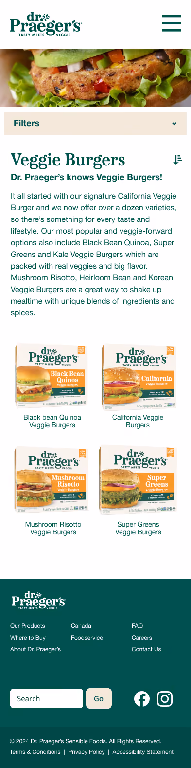 Dr. Praeger's veggie burger packages: Black Bean Quinoa, California, Mushroom Risotto, and Super Greens.