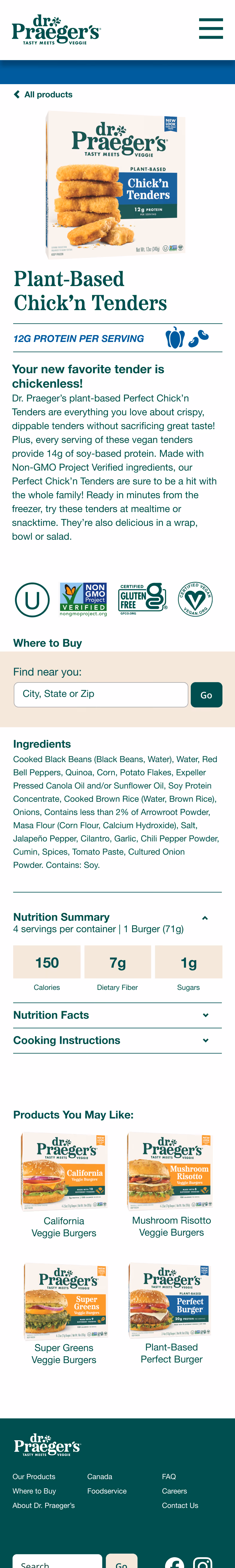 Dr. Praeger's Plant-Based Chick’n Tenders box and product details including ingredients and nutrition facts.