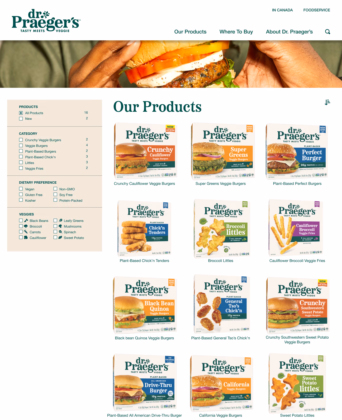 Grid of Dr. Praeger's plant-based veggie burger and snack product boxes