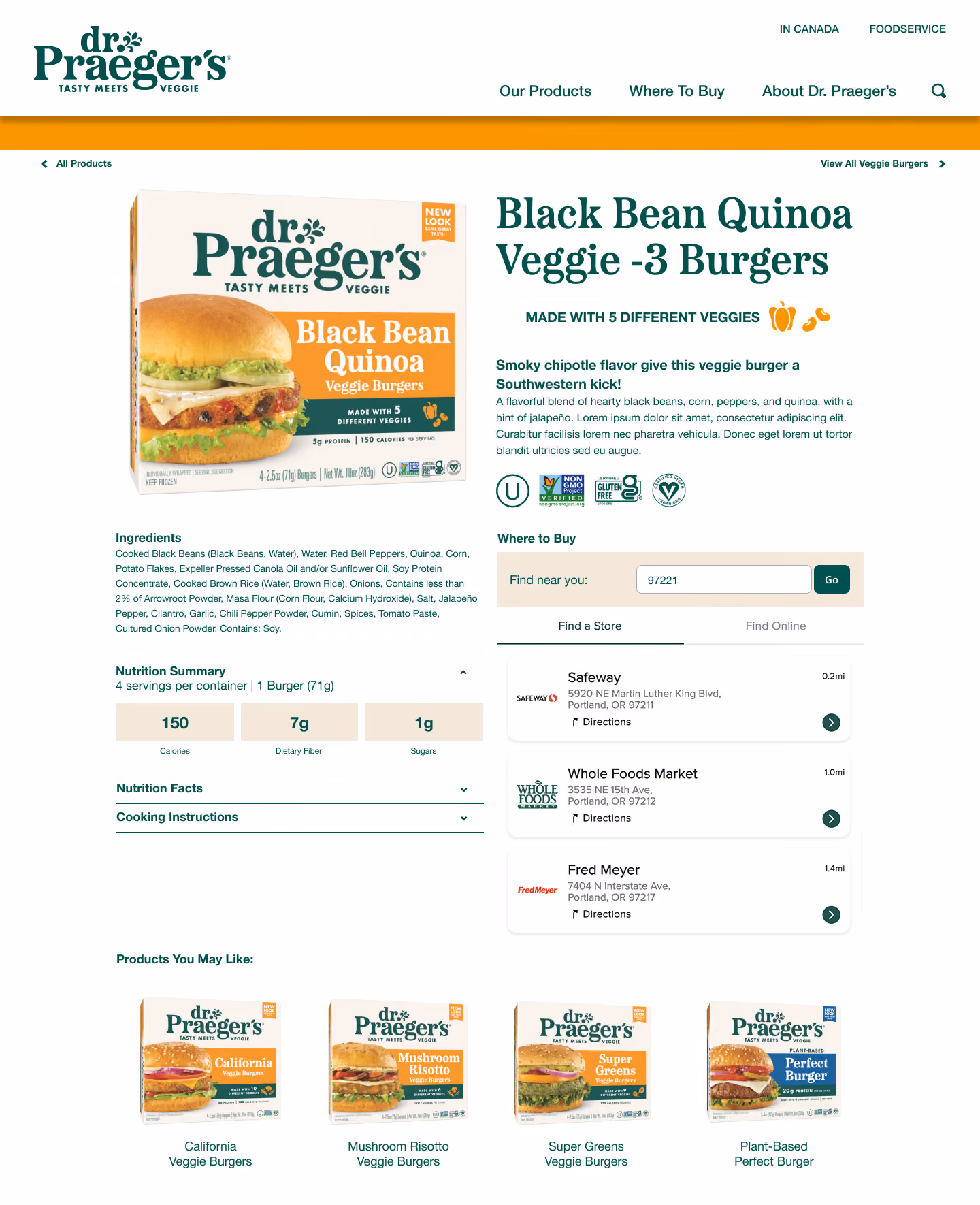 Dr. Praeger’s Black Bean Quinoa Veggie Burgers box with product details and store locator on screen.