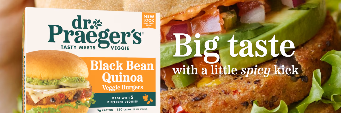 Box of Dr. Praeger's Black Bean Quinoa Veggie Burgers with sandwich photo and text about big taste and spicy kick.