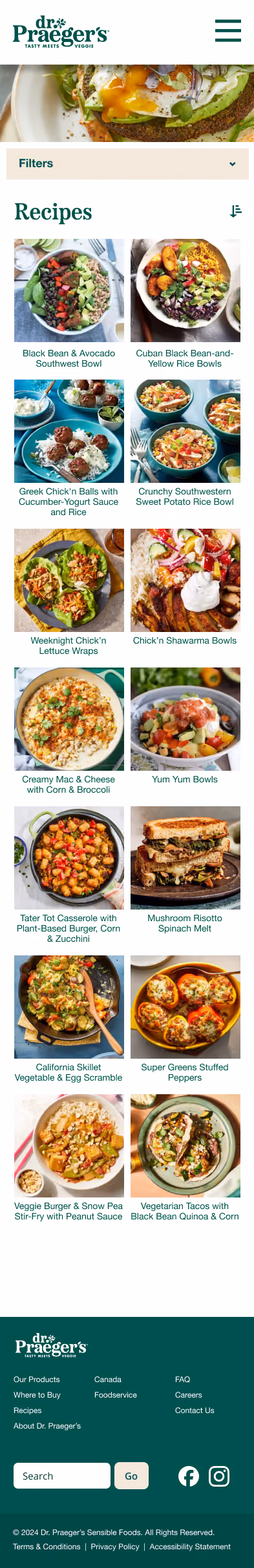 Screenshot of Dr. Praeger's recipe page showing various bowls, wraps, casseroles, and veggie dishes.