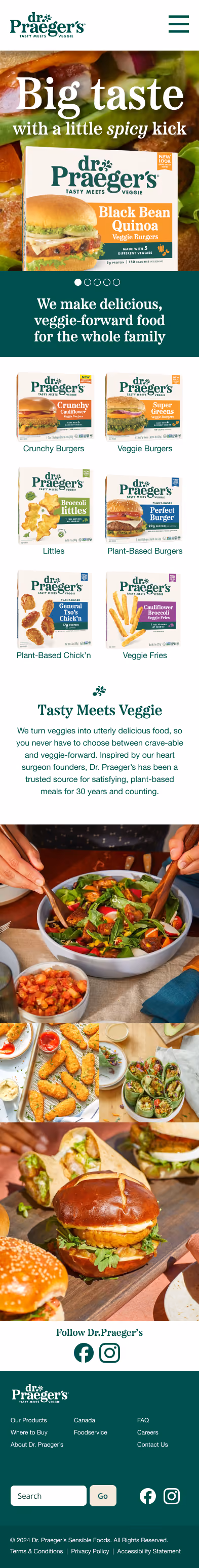 Dr. Praeger's veggie-forward burgers, fries, and plant-based options promoting big taste with a spicy kick.