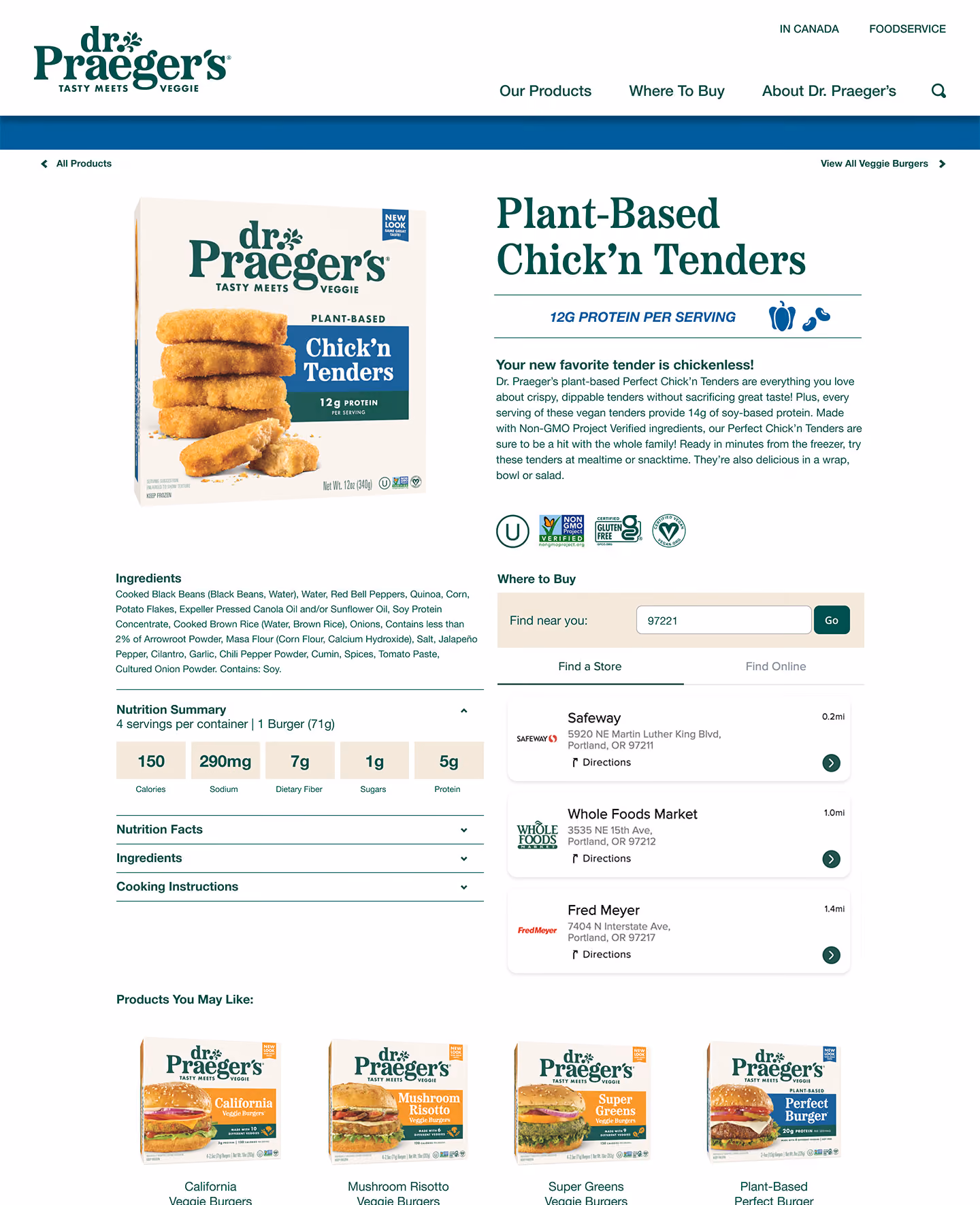 Dr. Praeger's Plant-Based Chick'n Tenders package with product details, ingredients, nutrition, and store locator.
