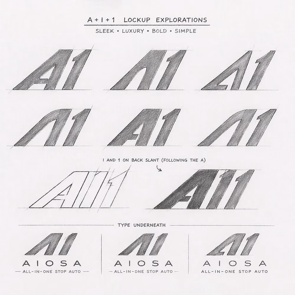 Pencil sketches of various sleek, bold A1 and A11 logo designs with type underneath.
