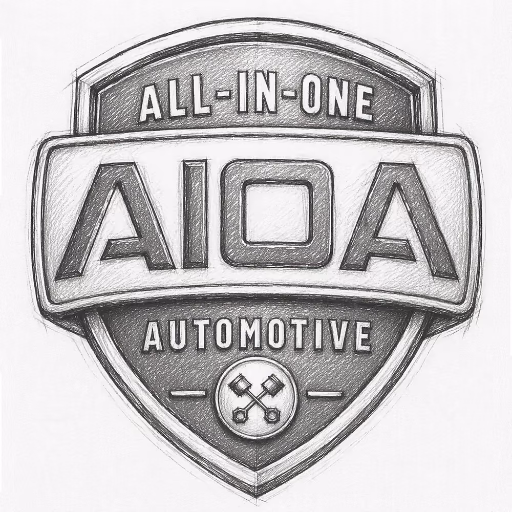 Sketch of a shield-shaped logo with text All-In-One AIOA Automotive and crossed pistons icon.