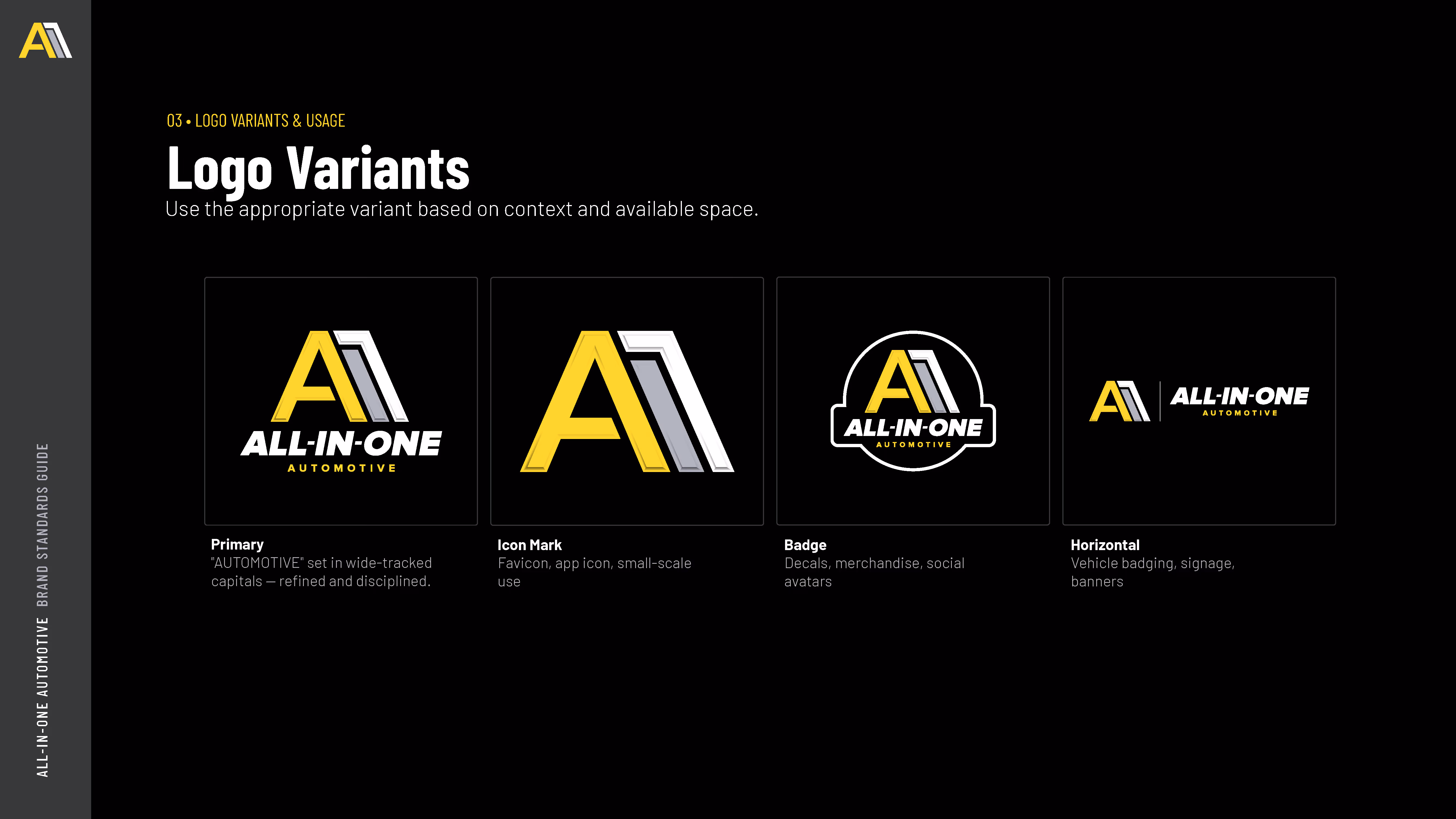 Four logo variants of All-In-One Automotive showing primary, icon mark, badge, and horizontal styles.