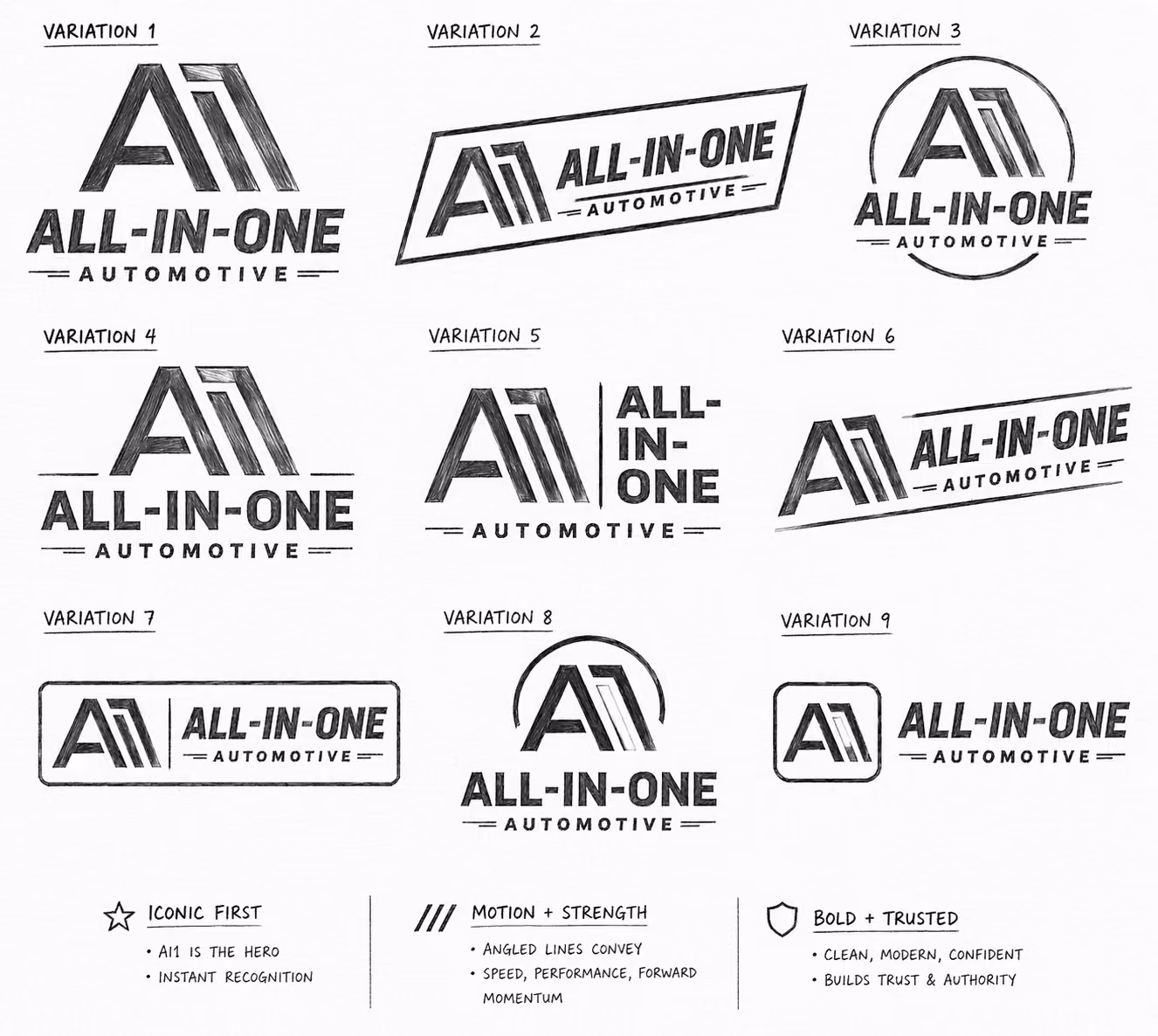 Nine black and white logo sketches for All-In-One Automotive with varying shapes and text layouts.