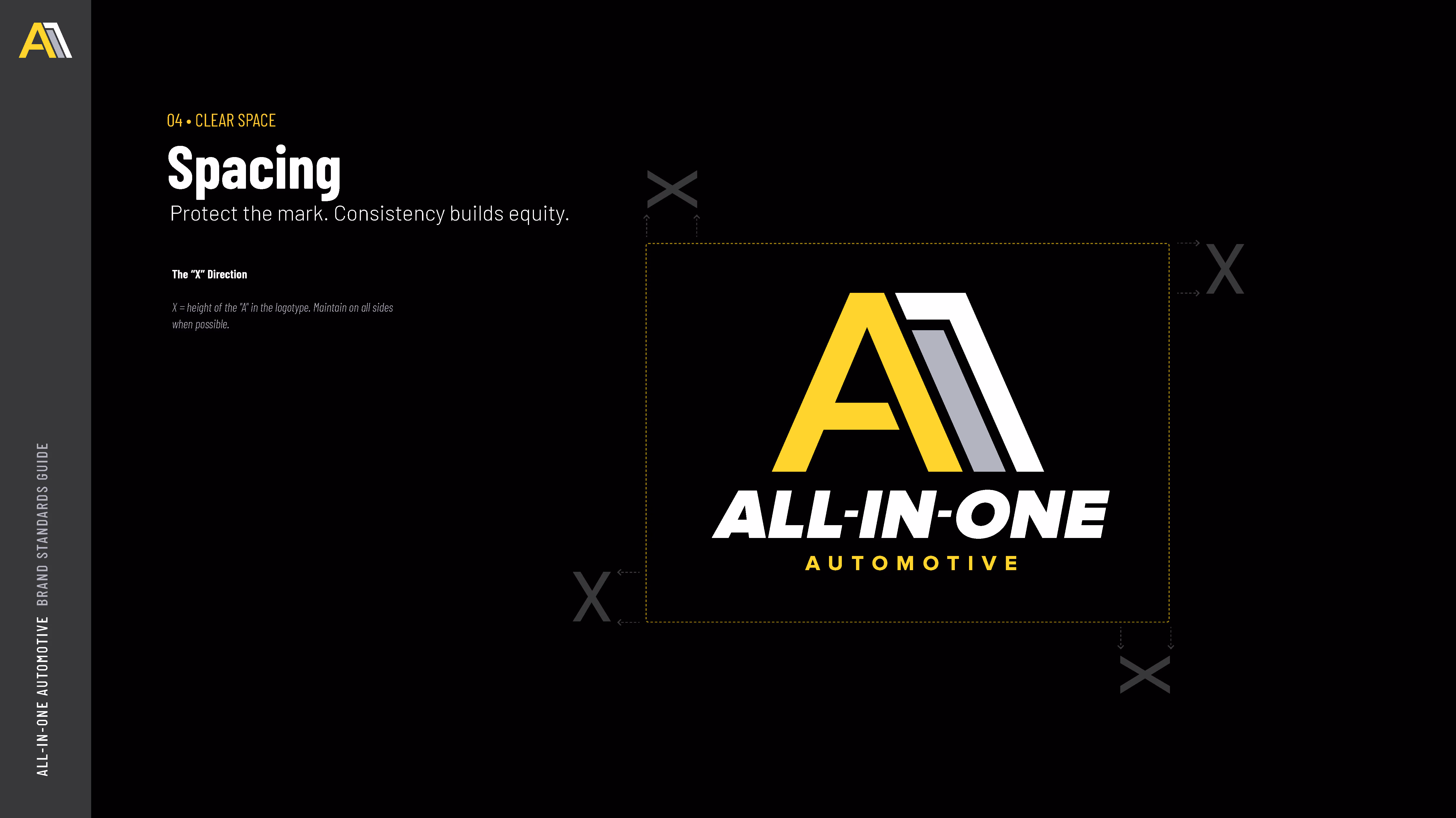 All-In-One Automotive logo with clear space marked as X, the height of the letter A in the logo.