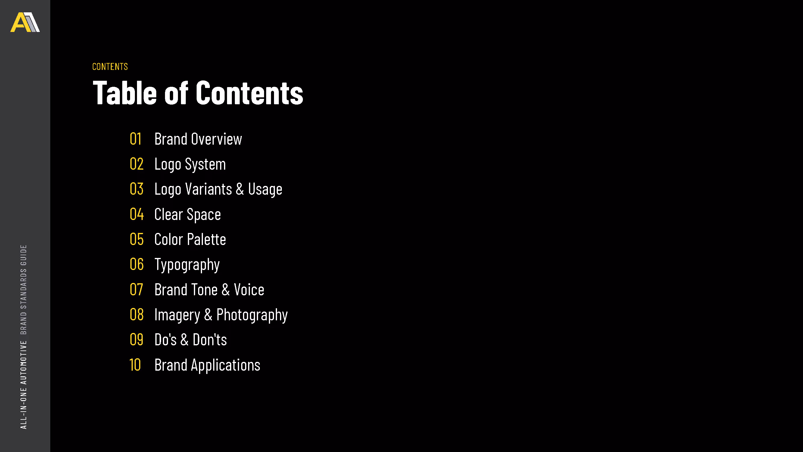 Table of contents listing brand overview, logo system, color palette, typography, and brand applications.