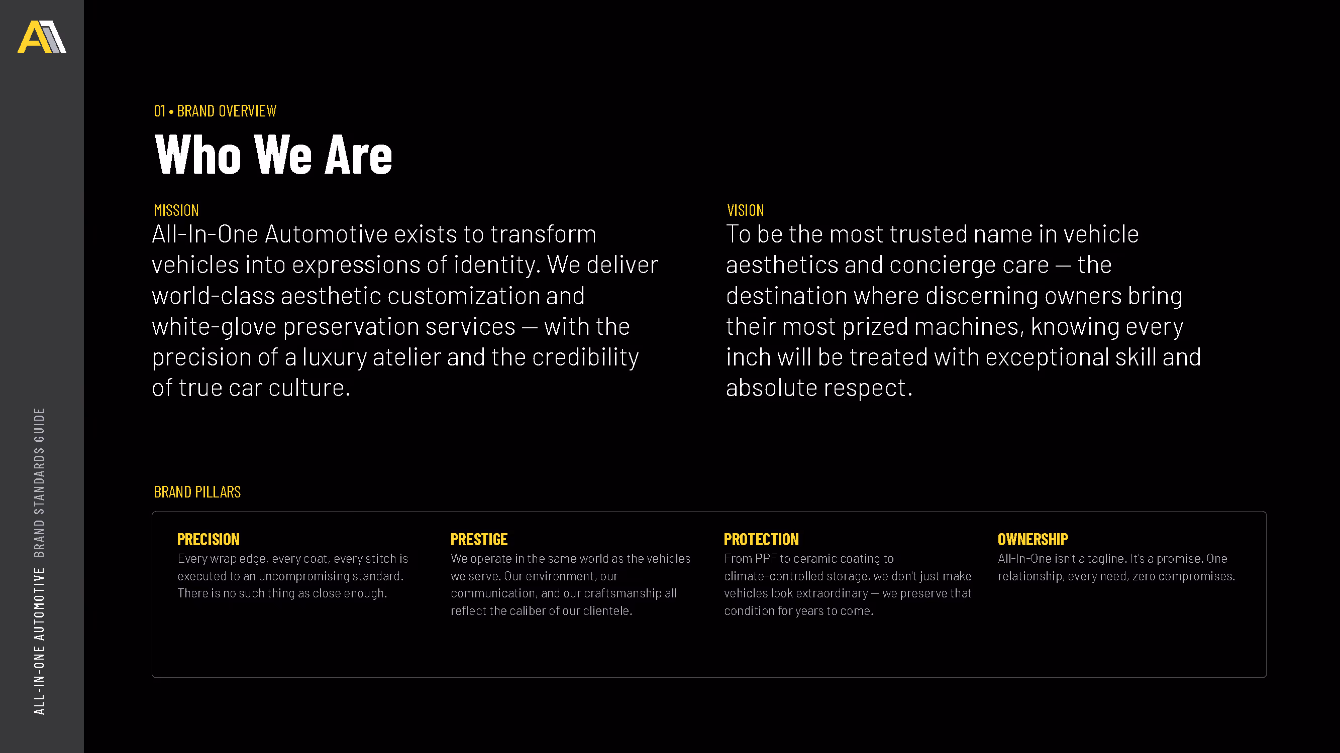 Page with All-In-One Automotive brand overview: mission, vision, and pillars of precision, prestige, protection, ownership.