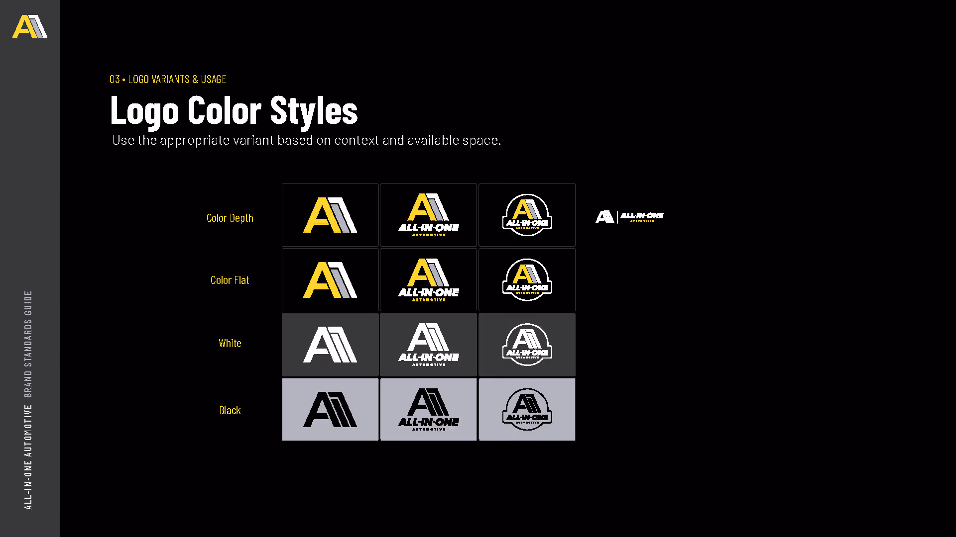 Grid of All-in-One Automotive logo color styles in color depth, flat, white, and black variants.