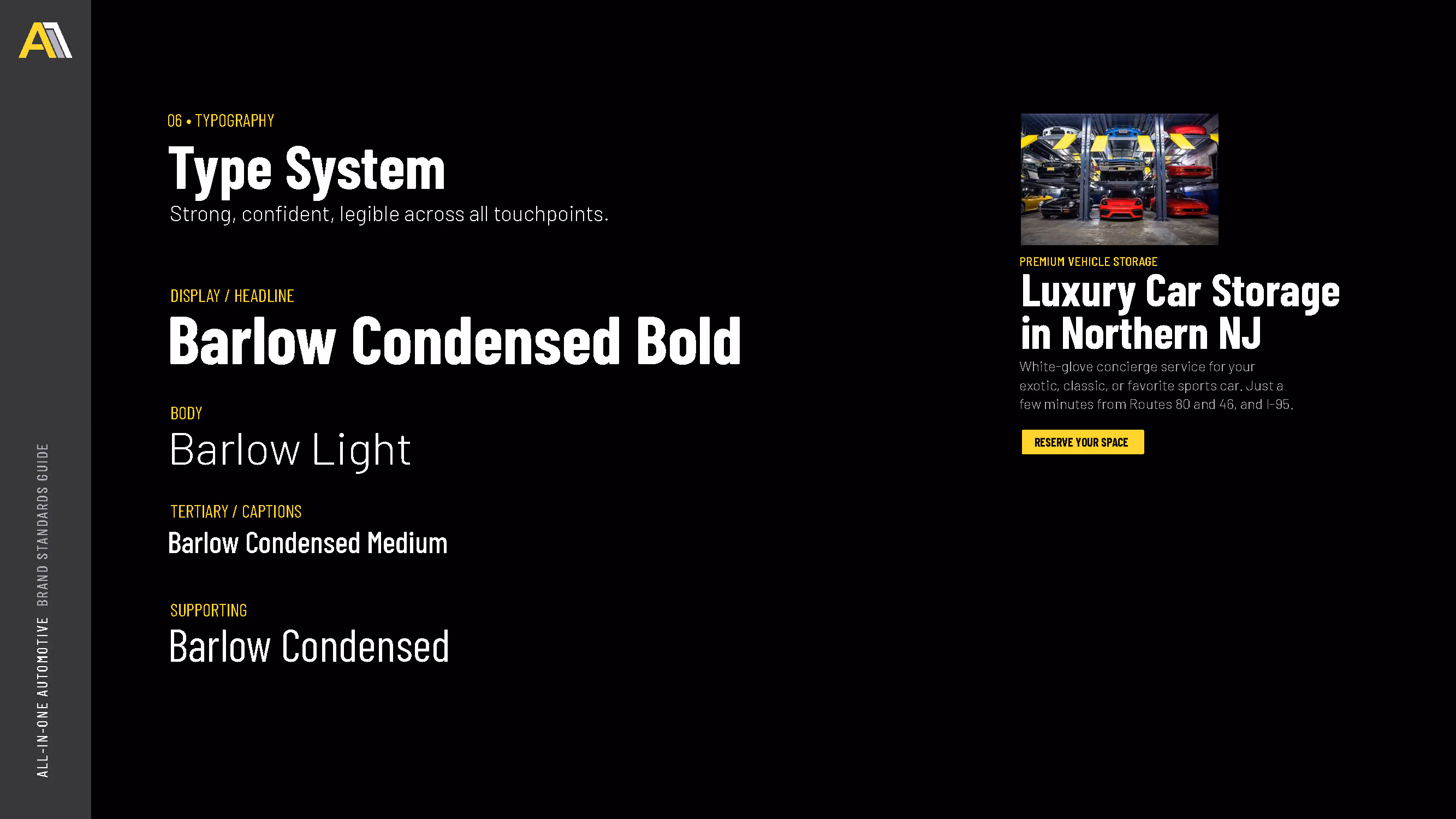 Typography guide showing Barlow Condensed font styles and an ad for luxury car storage in Northern NJ.